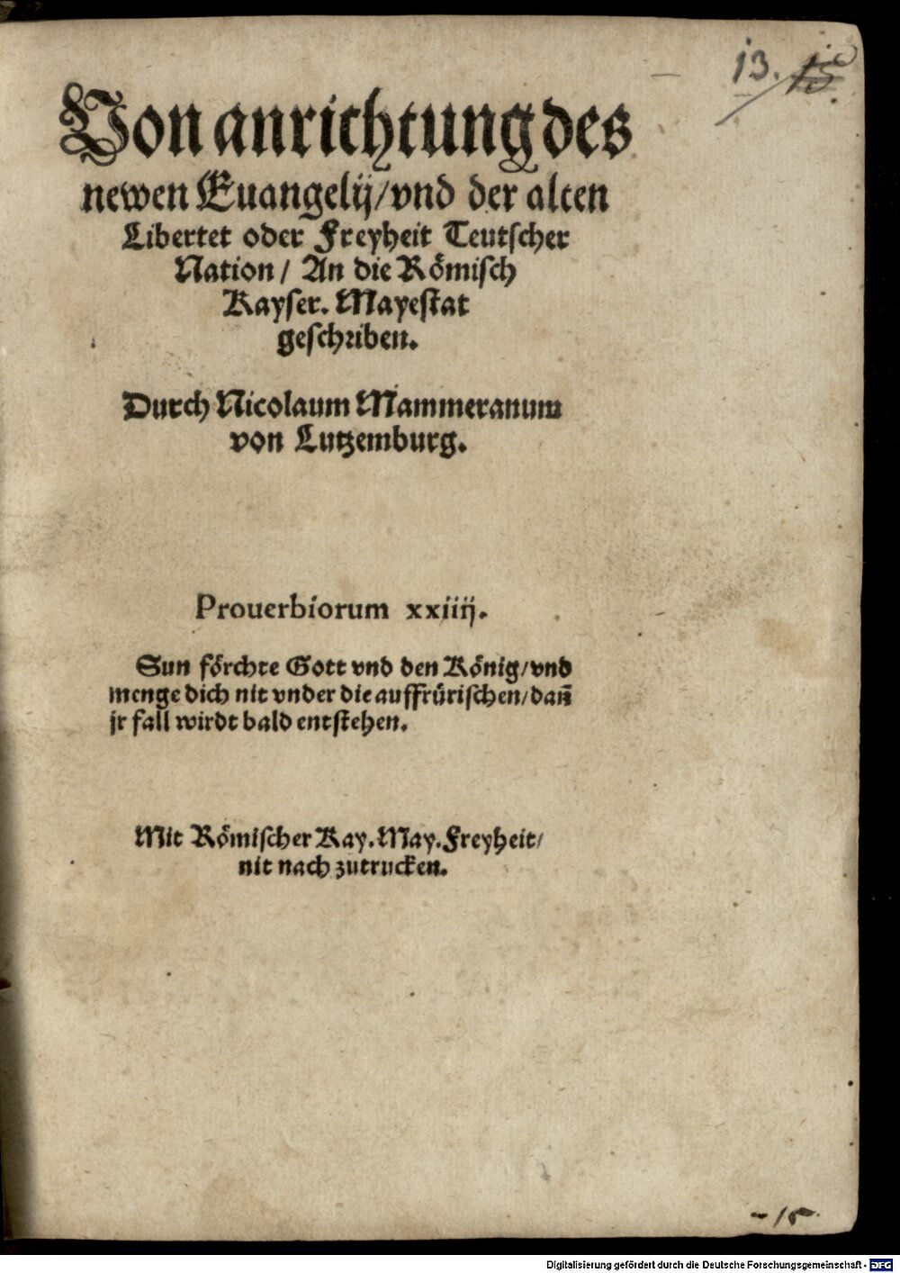 Mameranus, Nicolaus: Von anrichtung des newen Evangelii und der alten Libertet Teutscher Nation Cöln 1552 (Res/4 Germ.g. 205#Beibd.13)