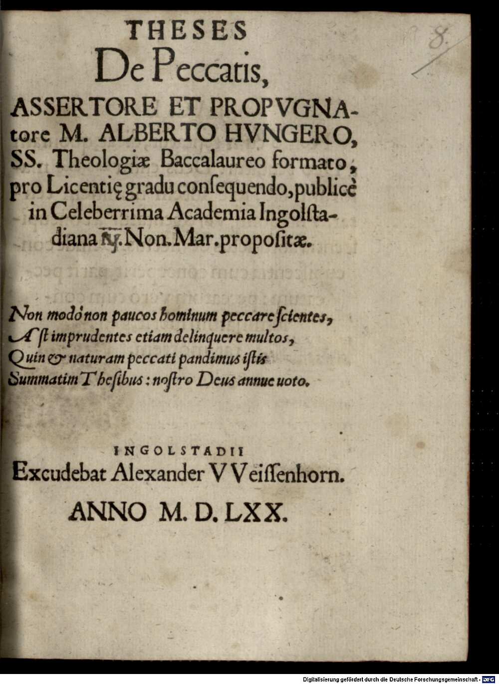 Hunger, Albert: Theses de peccatis Ingolstadii 1570 (4 Diss. 1355#Beibd.8)