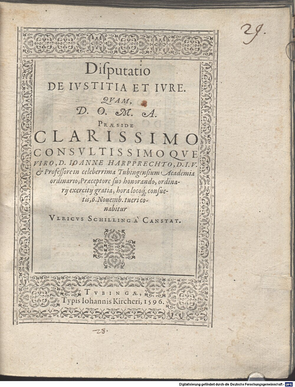 Harpprecht, Johann: Disp. de iustitia et iure Tubinga 1596 (4 Diss. 1333#Beibd.29)