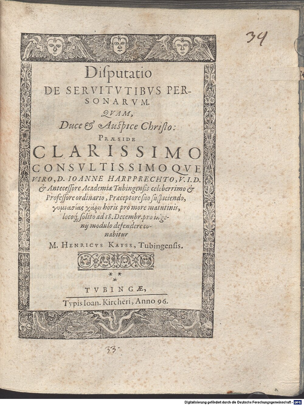Harpprecht, Johann: Disp. de servitutibus personarum Tubinga 1596 (4 Diss. 1333#Beibd.34)
