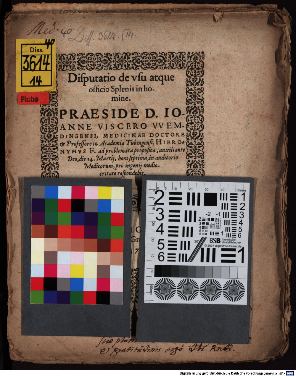 Vischer, Johann: Disp. de usu atque officio splenis in homine Tubinga 1578 (4 Diss. 3614,14)