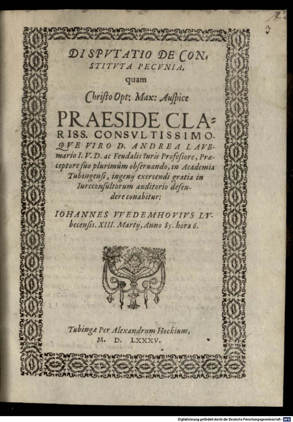 Laubmair, Andreas: Disp. de constituta pecunia Tubinga 1585 (4 Diss. 1468#Beibd.3)