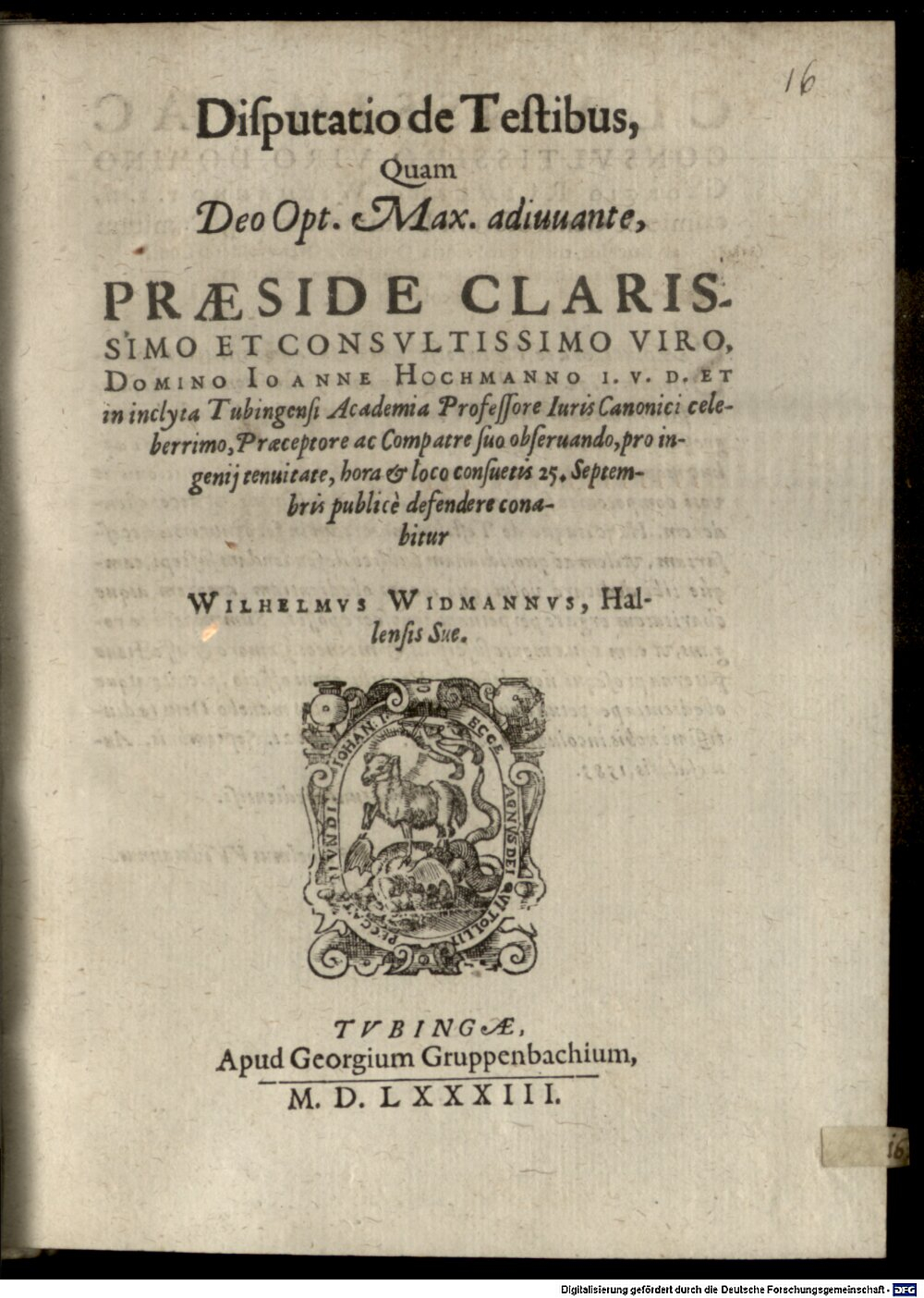 Hochmann, Johann: Disp. de testibus Tubinga 1583 (4 Diss. 1468#Beibd.16)