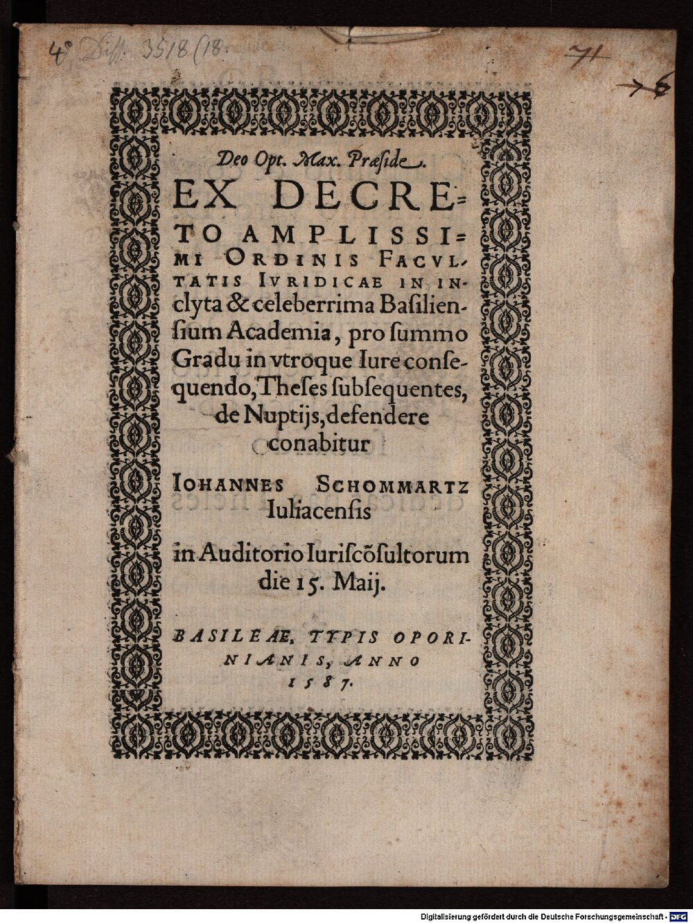 Schommartz, Johann: Thes. de nuptiis Basileae 1587 (4 Diss. 3518,18)