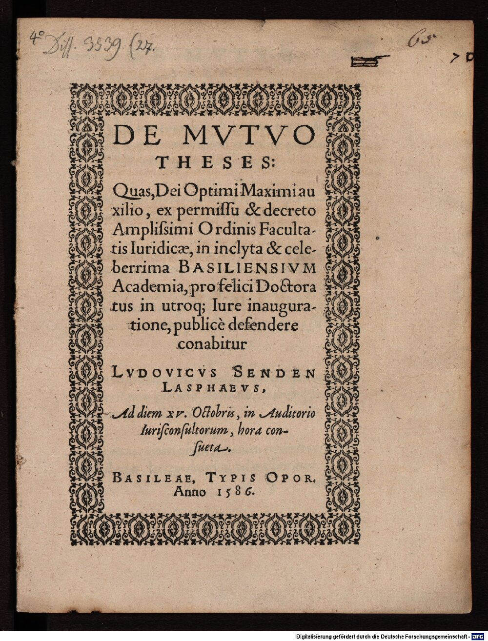 Senden, Ludwig: Theses de mutuo Basileae 1586 (4 Diss. 3539,27)