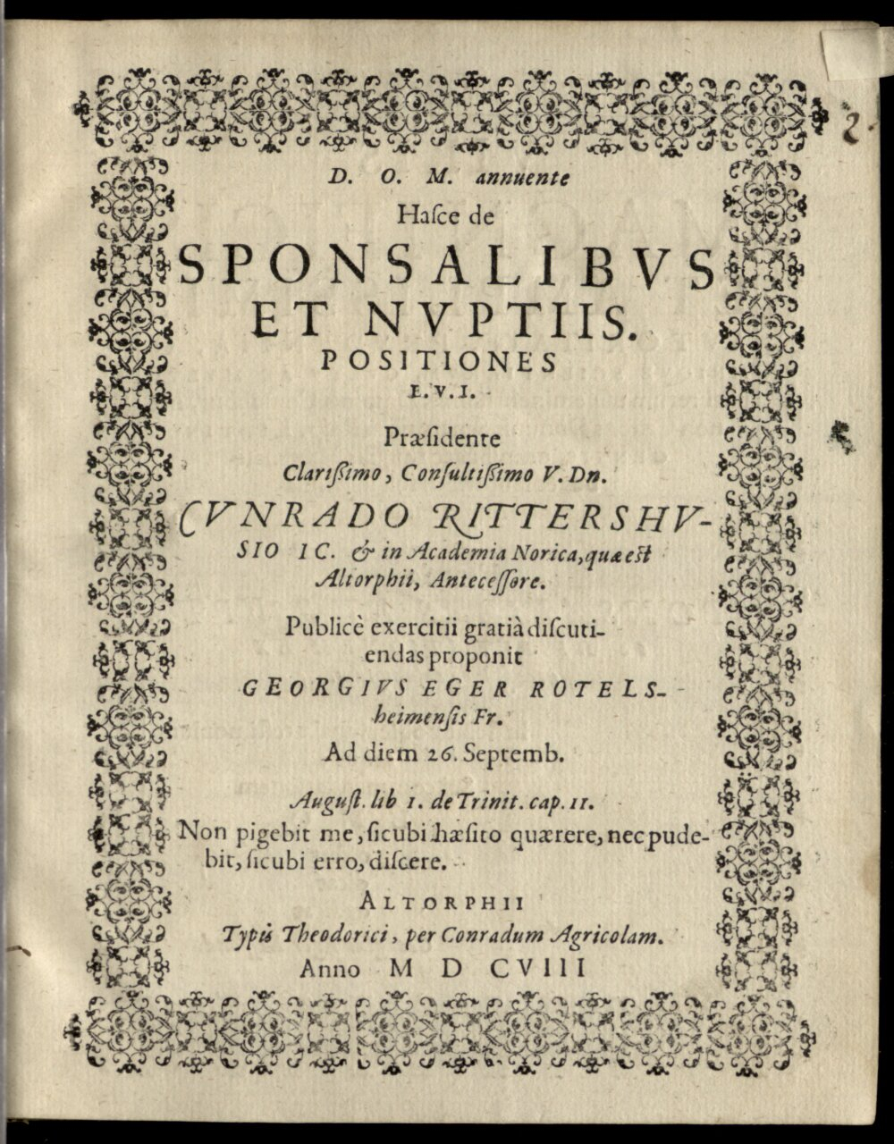 Rittershausen, Konrad: De sponsalibus et nuptiis positiones Altdorfium 1608 (4 Diss. 1425#Beibd.2)