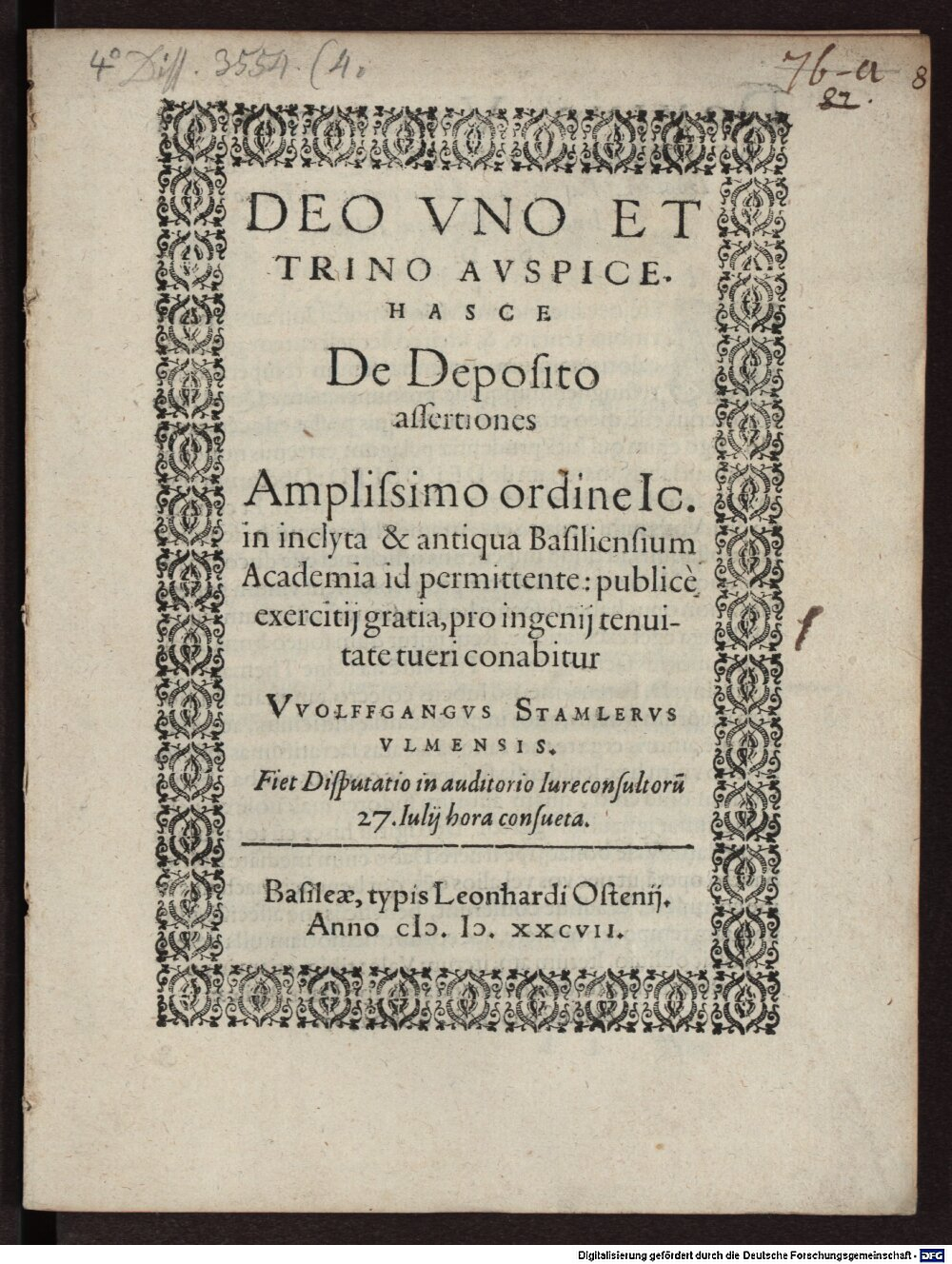 Stammler, Wolfgang: De depositio assertiones Basileae 1587 (4 Diss. 3554,4)