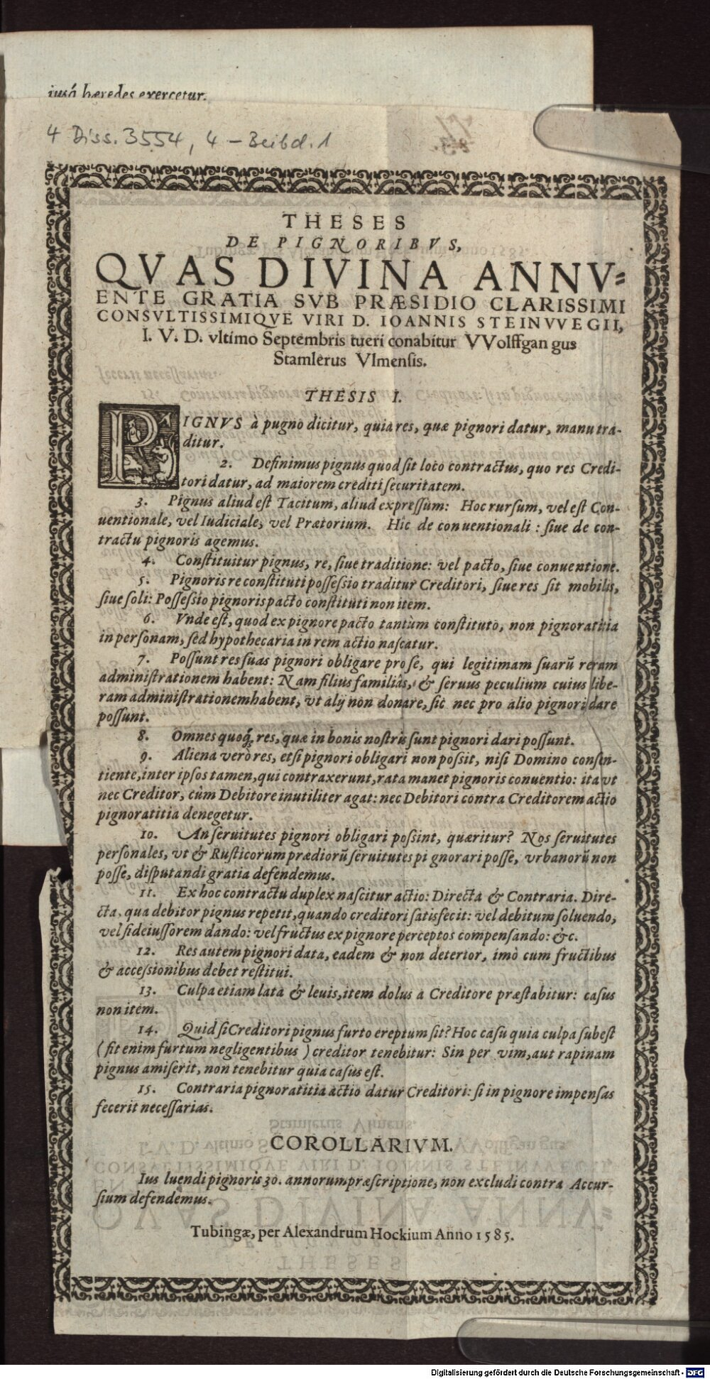 Steinweg, Johann: Theses de pignoribus Tubingae 1585 (4 Diss. 3554,4#Beibd.1)