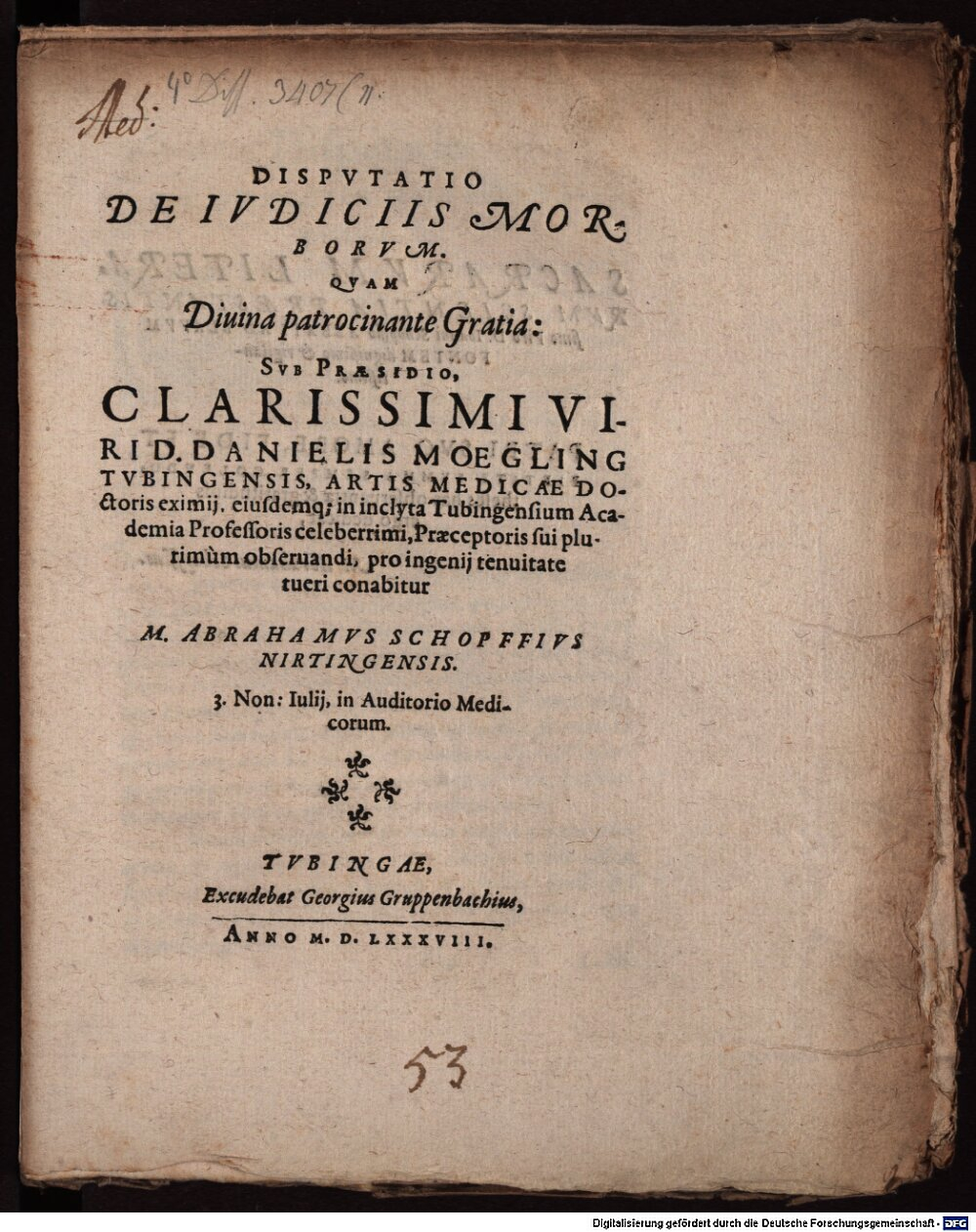 Mögling, Daniel: Disputatio de iudiciis morborum Tubinga 1588 (4 Diss. 3407,11)