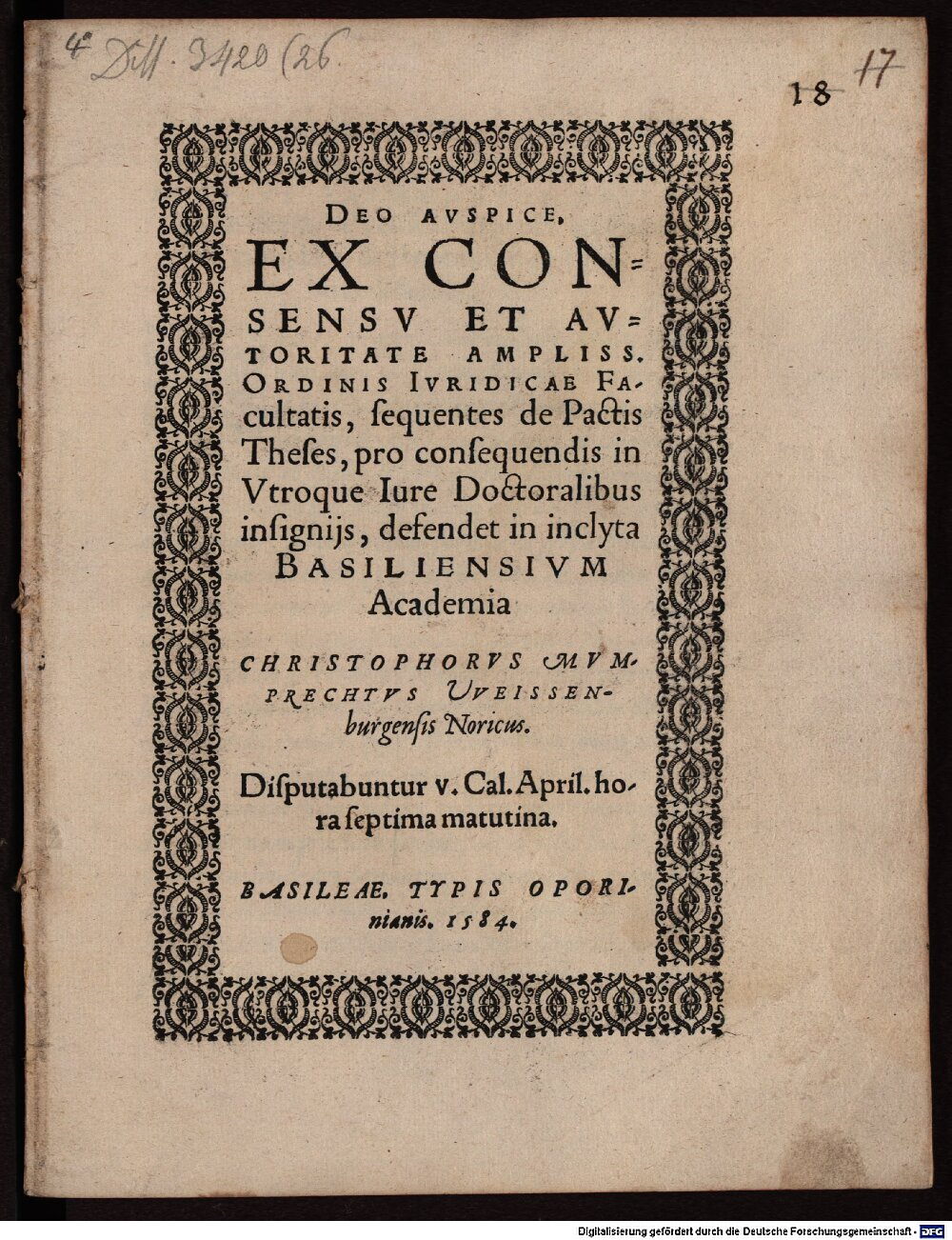Mumprecht, Christoph: Theses de pactis Basilea 1584 (4 Diss. 3420,26)