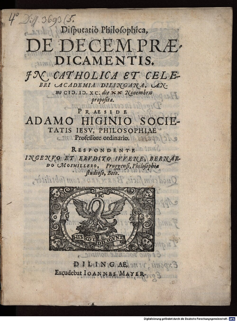 Higgins, Adam: Disputatio Philosophica, De Decem Praedicamentis Dilingae 1590 (4 Diss. 3693,5)