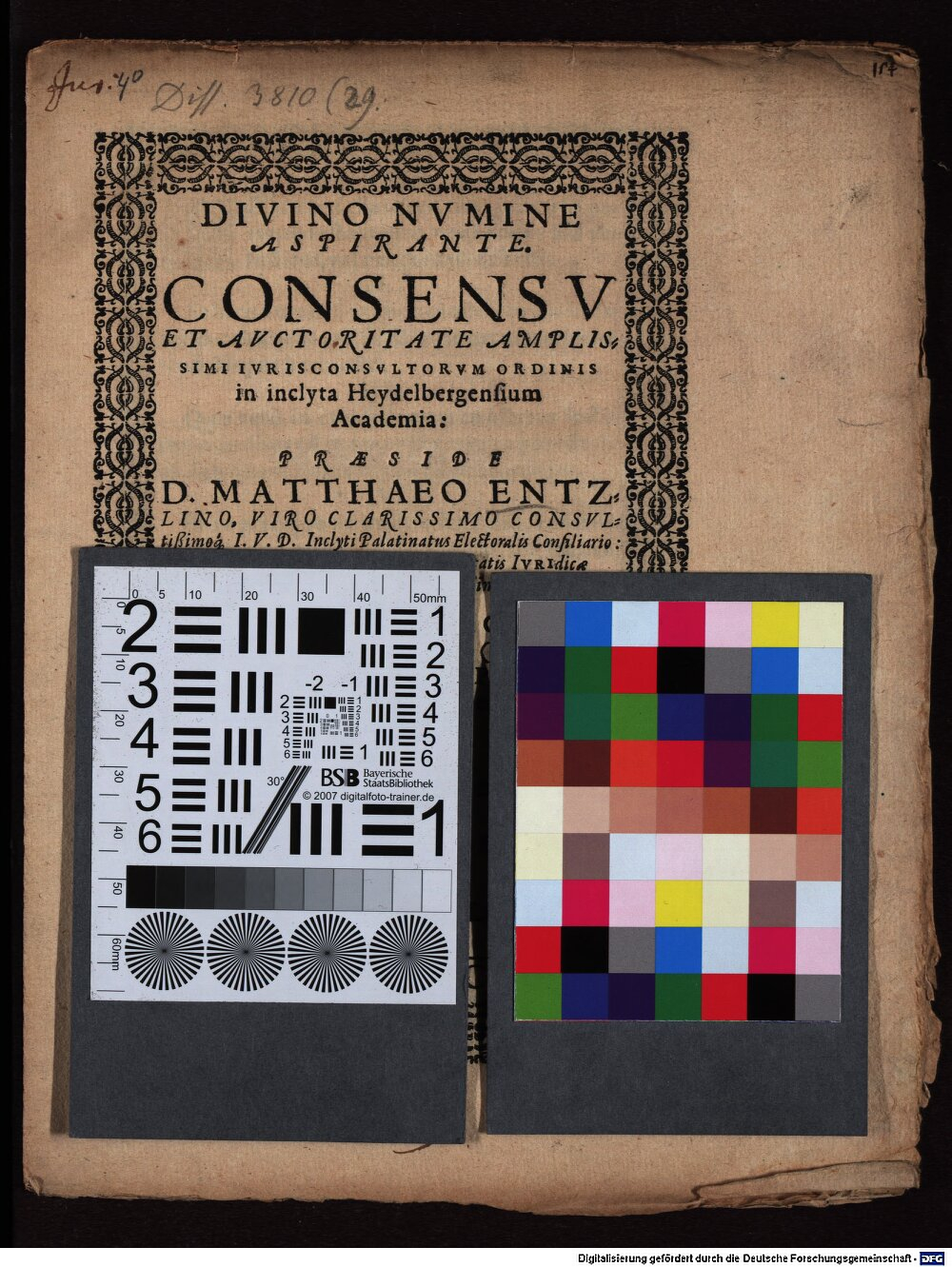 Entzlin, Matthaeus: Praeside D. Matthaeo Entzlino ... ad sequentes theses de liberorum institutione et exheredatione Heydelbergae 1583 (4 Diss. 3810,29)