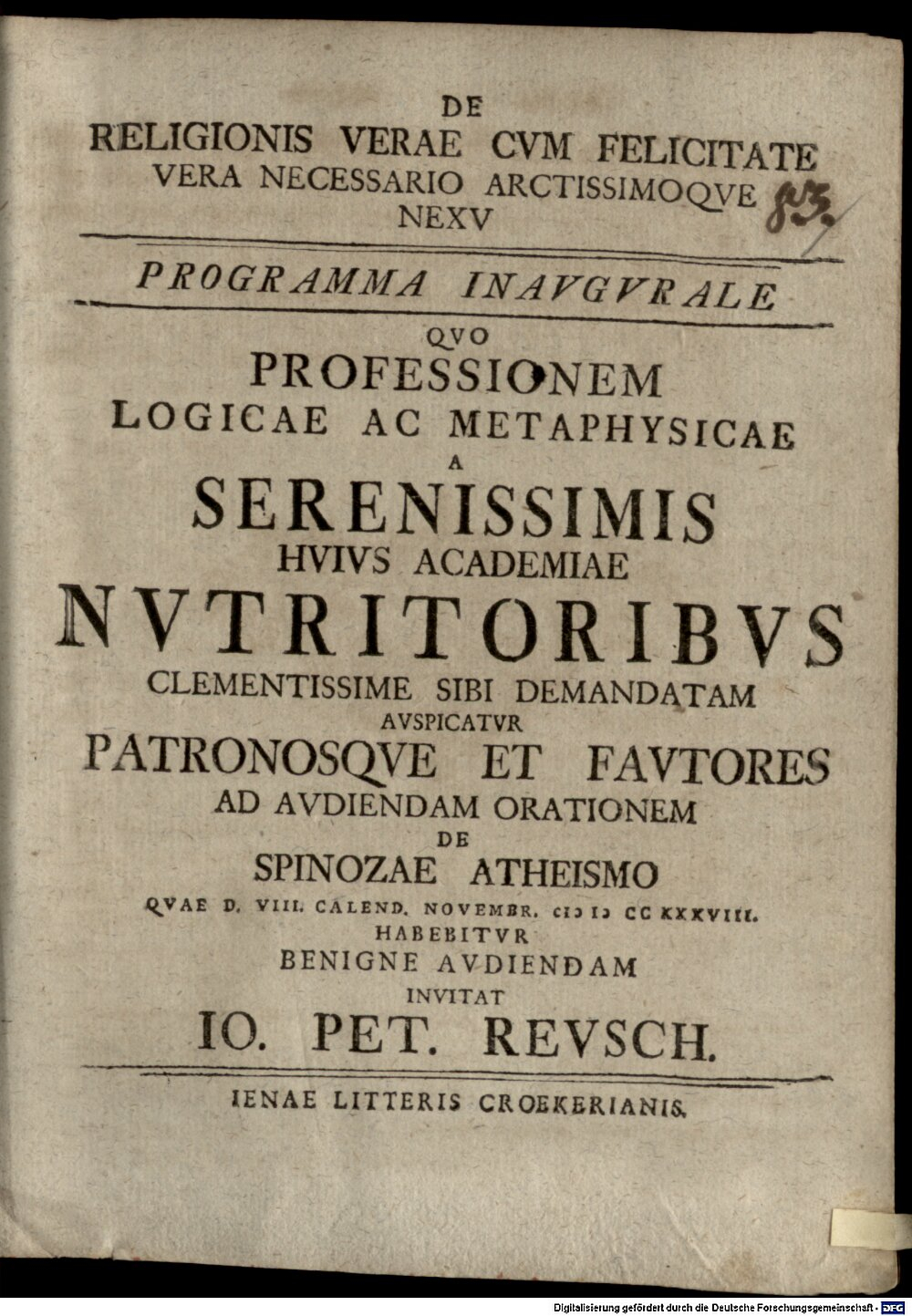 Reusch, Johann Peter: De religionis verae cum felicitate vera necessario arctissimoque nexu Ienae 1738 (4 Diss. 477#Beibd.83)