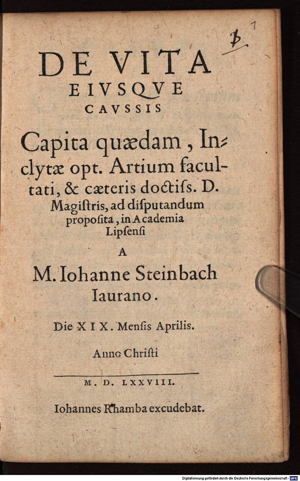 Steinbach, Johannes: De vita eiusque causis Lipsia 1578 (Ph.sp. 604#Beibd.1)