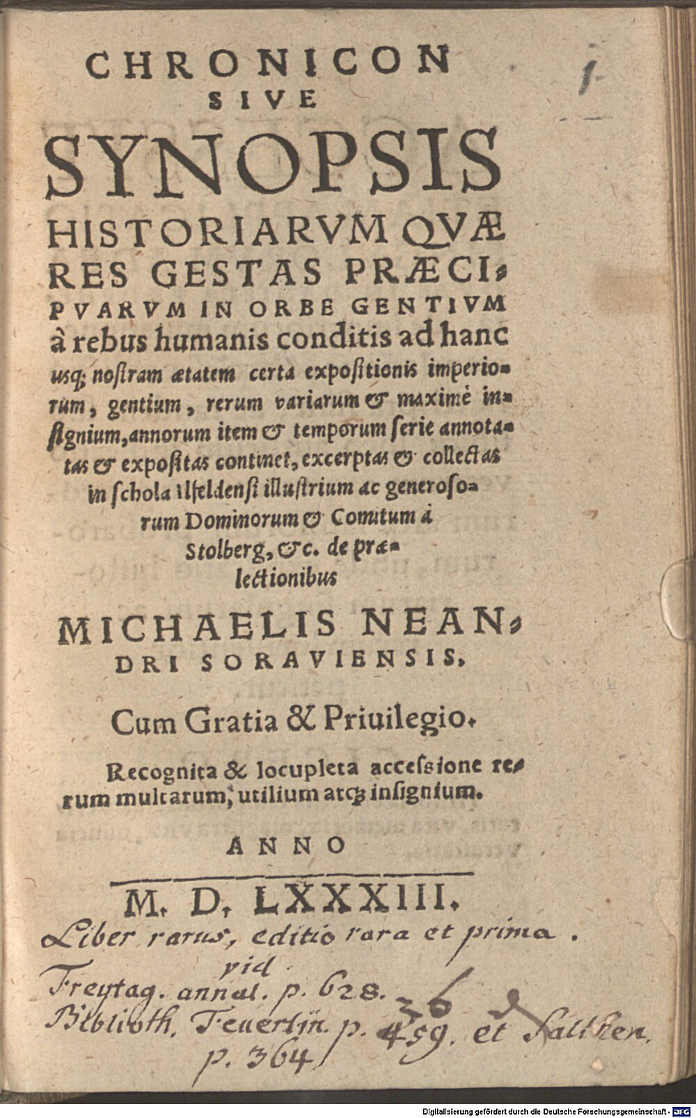 Neander, Michael: Chronicon Sive Synopsis Historiarvm Islebii 1583 (H.un. 544#Beibd.1)