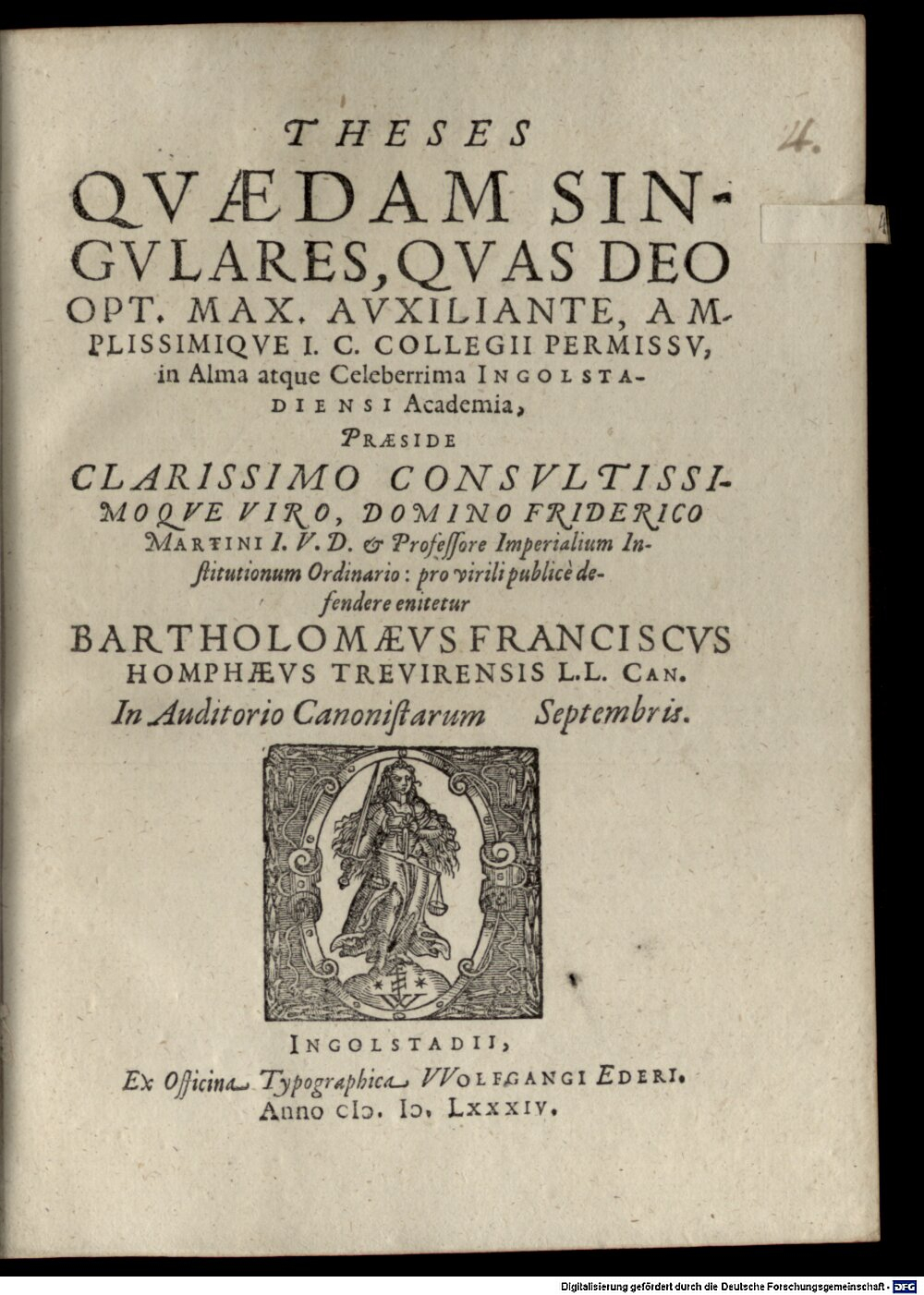 Martini, Friedrich: Theses Qvaedam Singvlares Ingolstadii 1584 (4 Diss. 1264#Beibd.4)