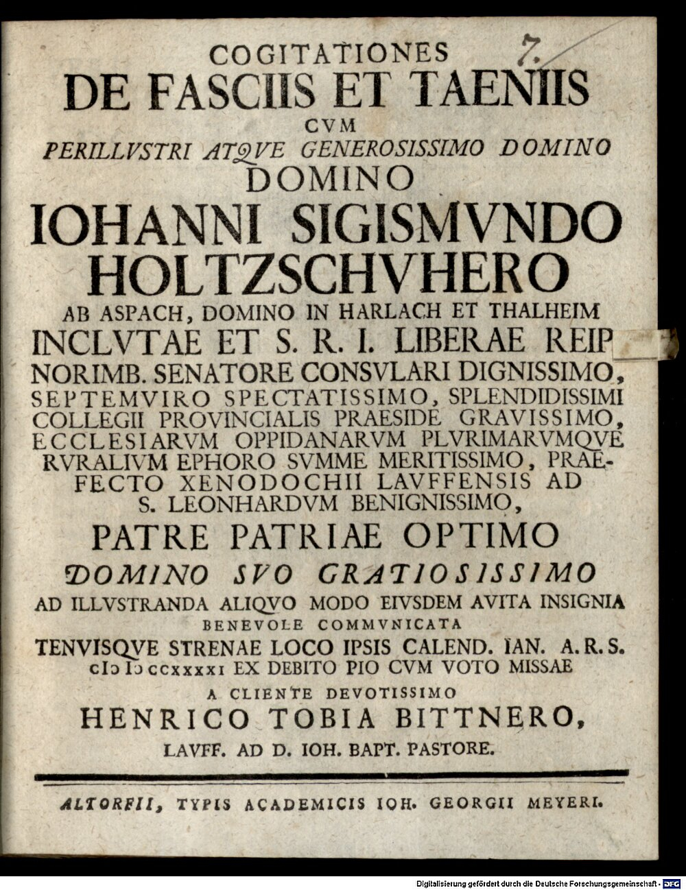 Bittner, Heinrich Tobias: Cogitationes de fasciis et taeniis Altorfii 1741 (4 Diss. 553#Beibd.7)