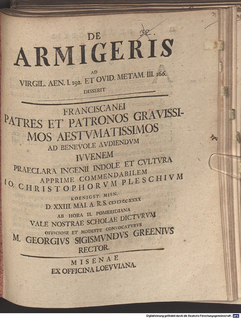 Green, Georg Sigismund: De armigeris, ad Virgil. Aen. I. 192 et Ovid. Metam. III. 166 disserit ... M. Georgius Sigismundus Greenius Misenae 1740 (4 Diss. 553#Beibd.31)