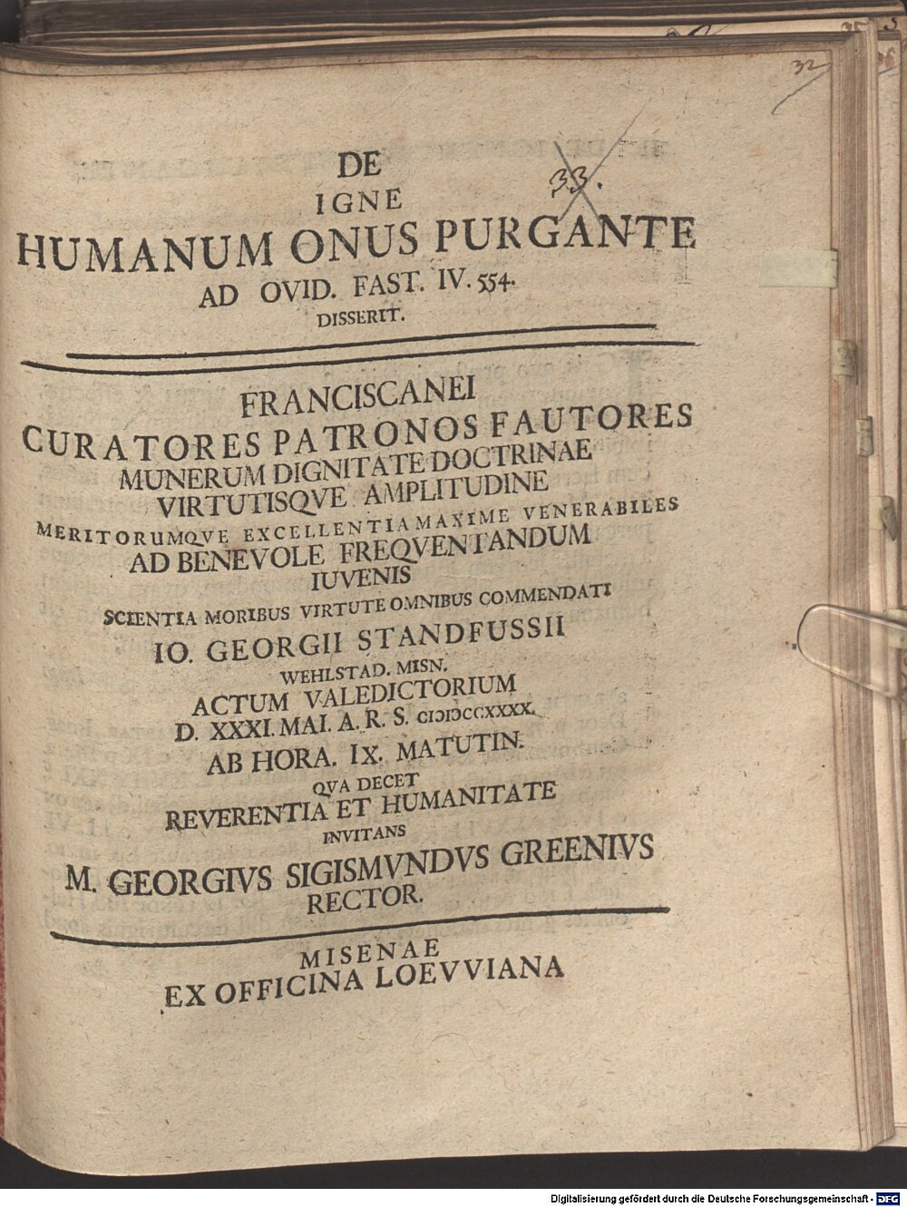 Green, Georg Sigismund: De igne, humanum onus purgante, ad Ovid. Fast. IV, 554 disserit ... M. Georgius Sigismundus Greenius Misenae 1740 (4 Diss. 553#Beibd.32)