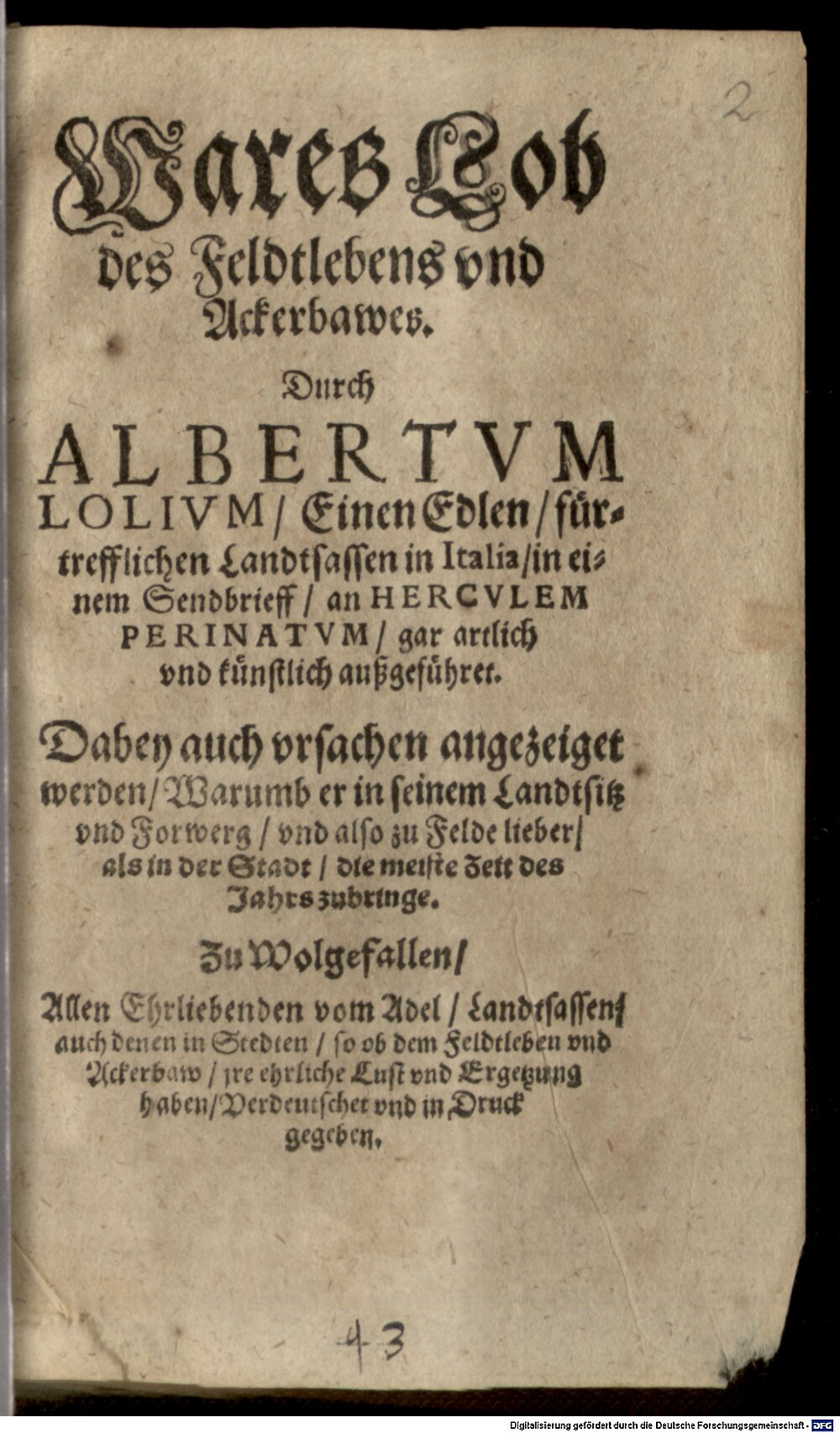 Lollio, Alberto: Wares Lob des Feldlebens Görlitz 1589 (P.o.germ. 472#Beibd.2)