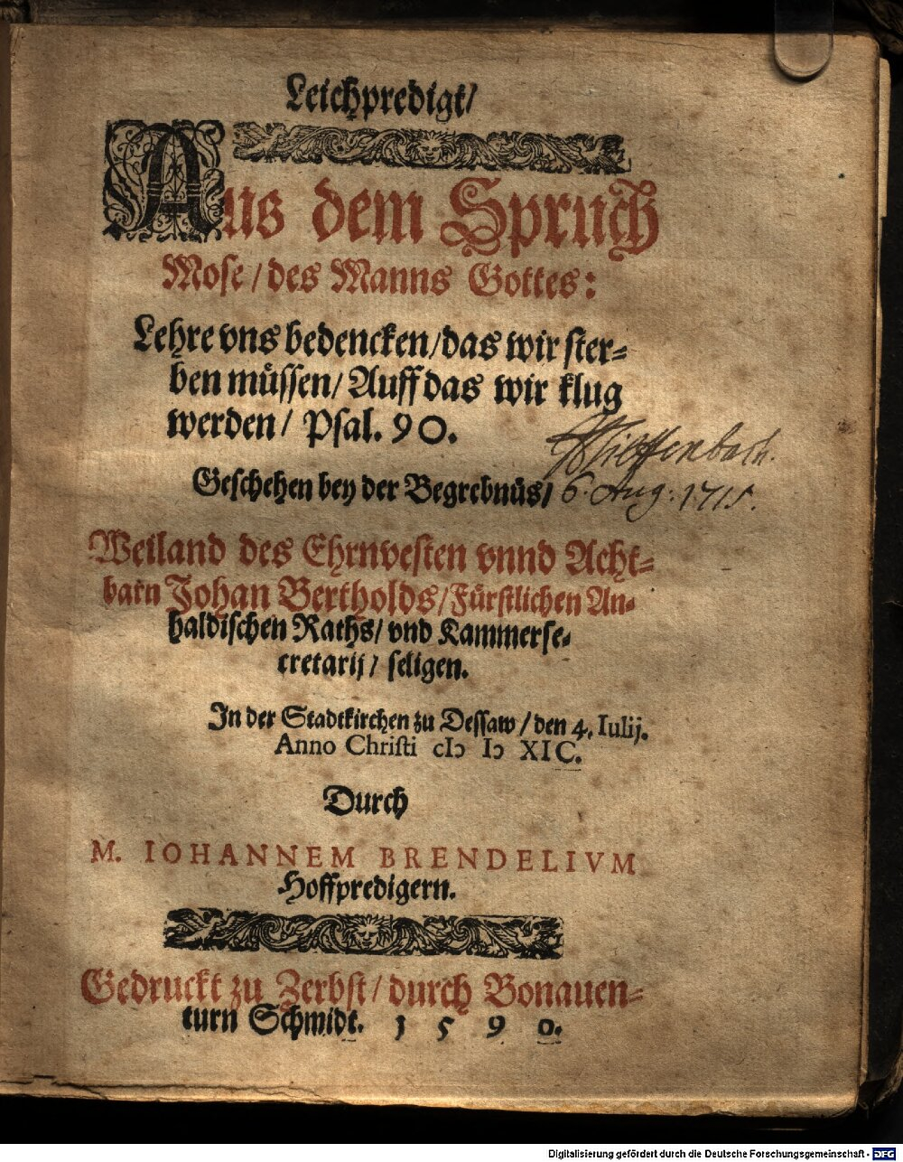 Brendel, Johann: Leichpredigt aus dem Spruch Mose Zerbst 1590 (P.o.germ. 2087 b#Beibd.7)