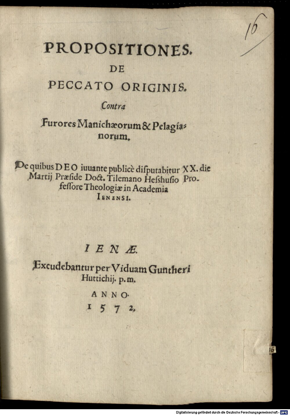 Heshusen, Tilemann: Propositiones de peccato originis Ienae 1572 (4 Diss. 879#Beibd.16)