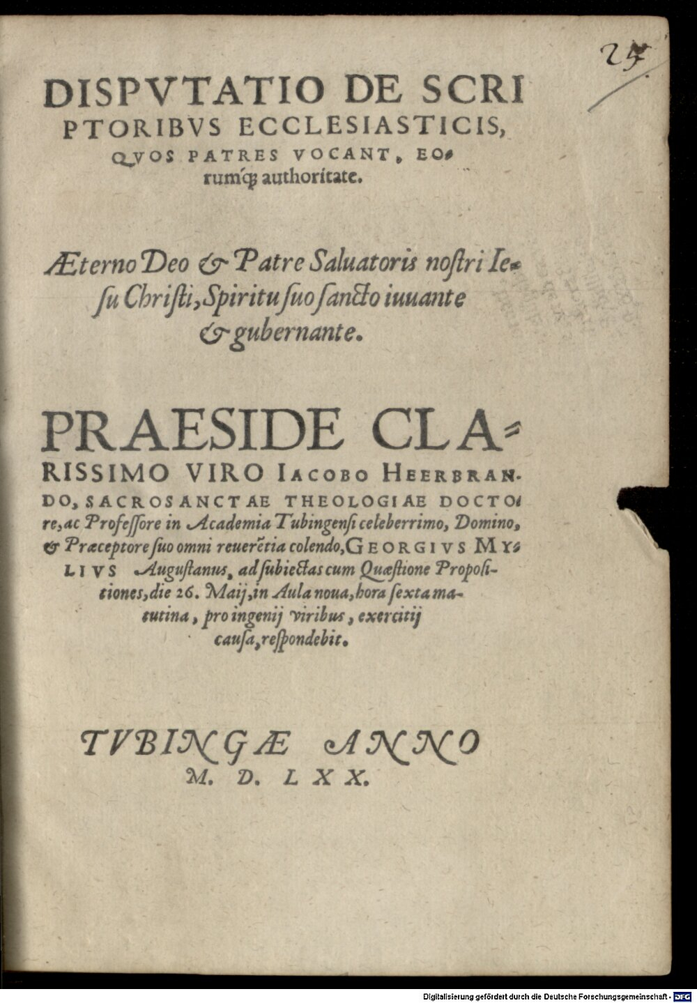 Heerbrand, Jakob: Disp. de scriptoribus ecclesiasticis, quos Patres vocant, eorumque authoritate Tubingae 1570 (4 Diss. 879#Beibd.25)