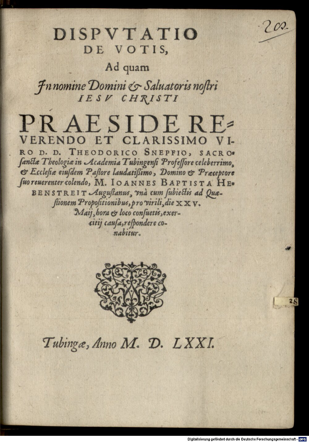 Schnepff, Dietrich: Disp. de votis Tubingae 1571 (4 Diss. 879#Beibd.28)