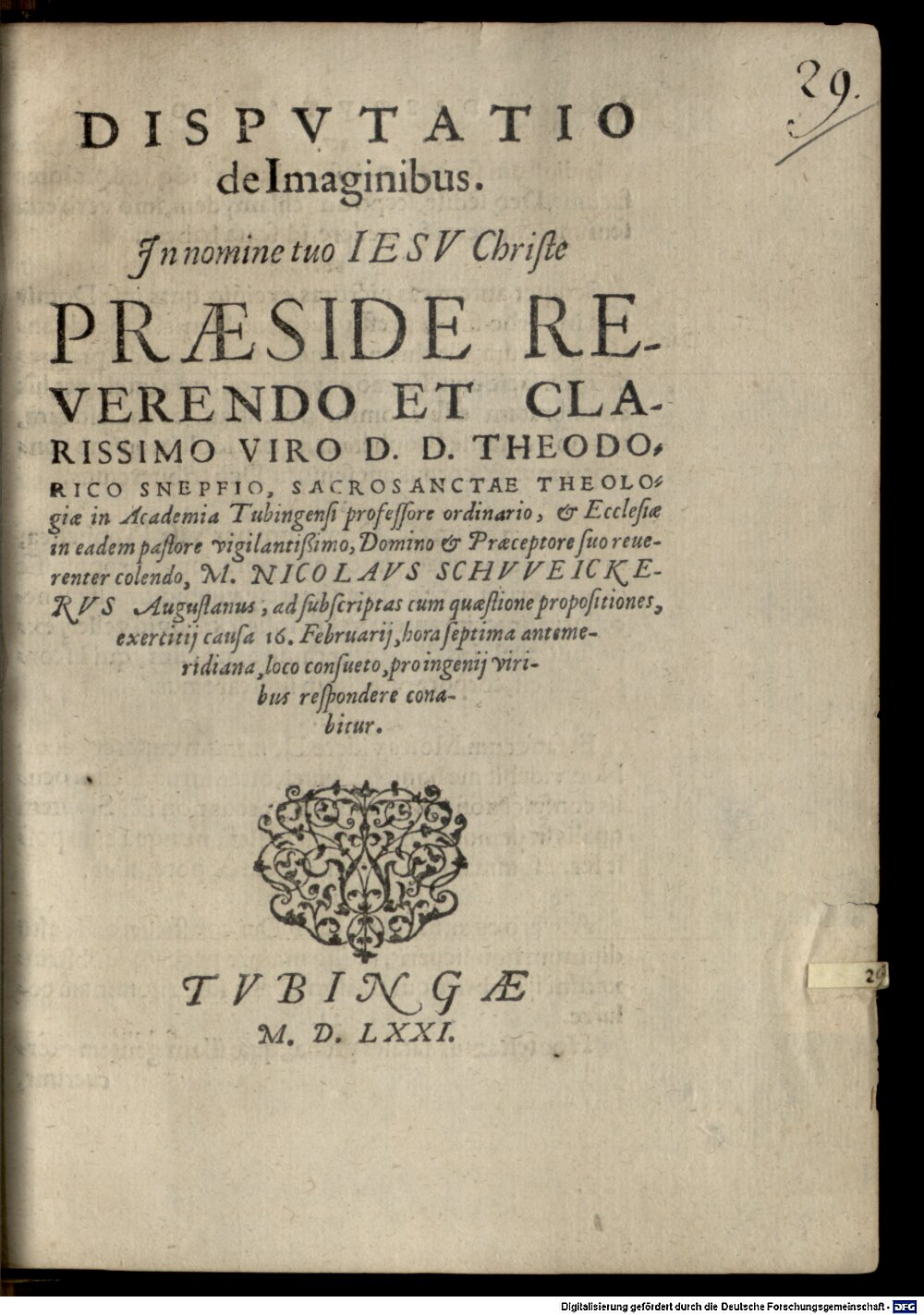 Schnepff, Dietrich: Dispvtatio de Imaginibus Tvbingae 1571 (4 Diss. 879#Beibd.29)