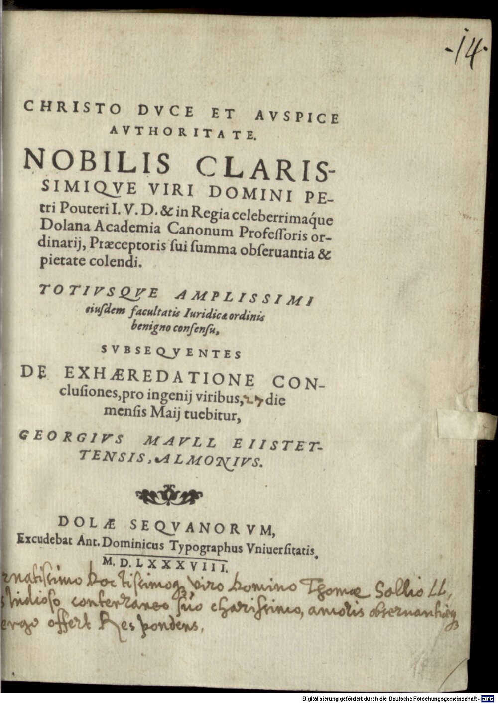 Pouterus, Petrus: De exhaeredatione conclusiones Dola Sequanorum 1588 (4 Diss. 1420#Beibd.14)