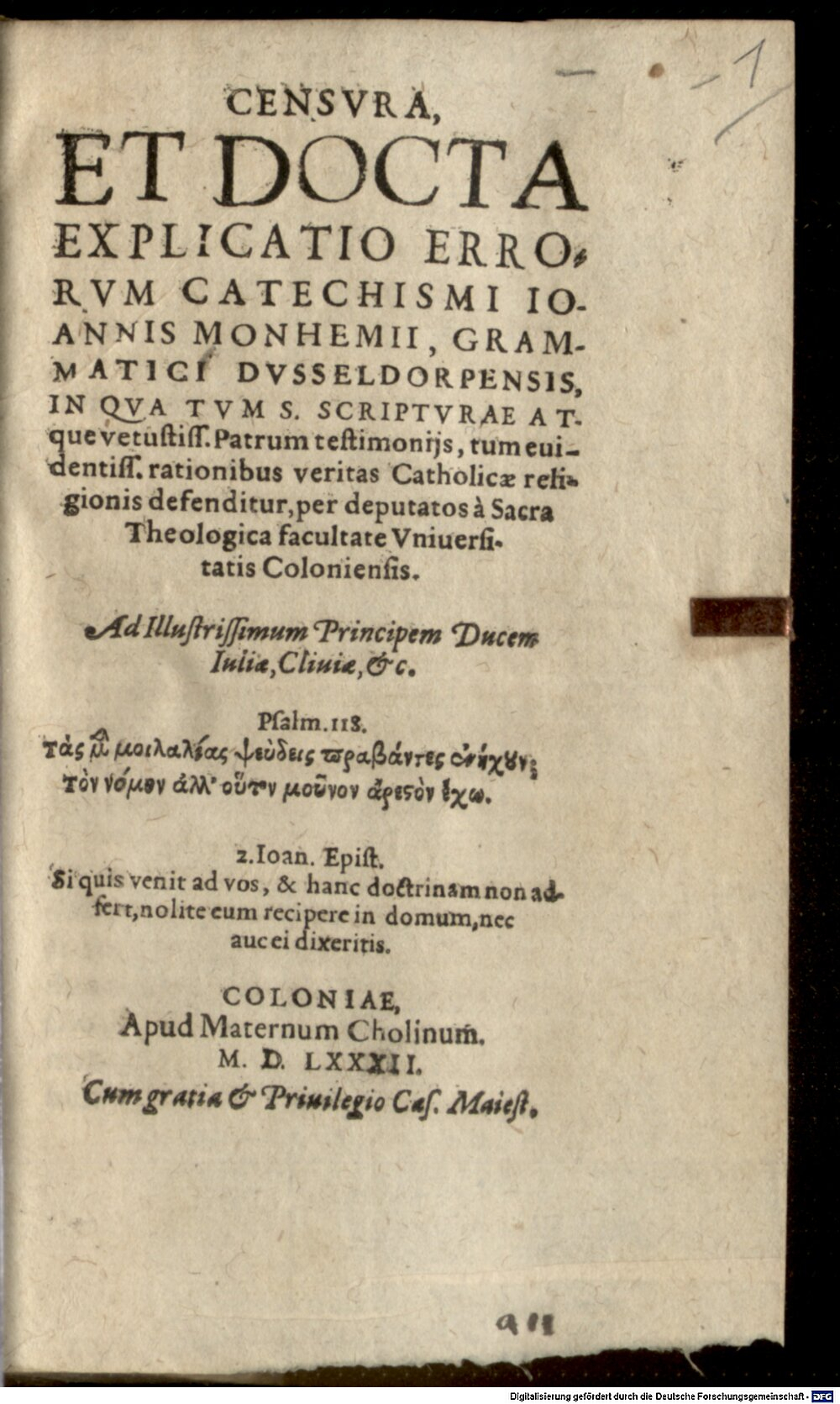 : Censura et docta Explicatio errorum Catechismi Joannis Monhemii Coloniae 1582 (Belg. 275 m#Beibd.1)