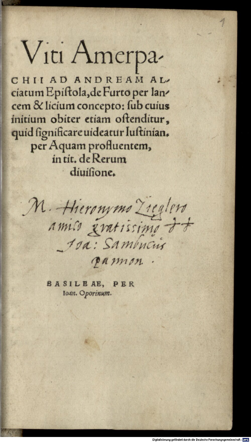 Amerbach, Veit: Ad Andream Alciatum epistola de furto per lanceam et licium concepto Basileae 1549 (A.lat.b. 656#Beibd.1)