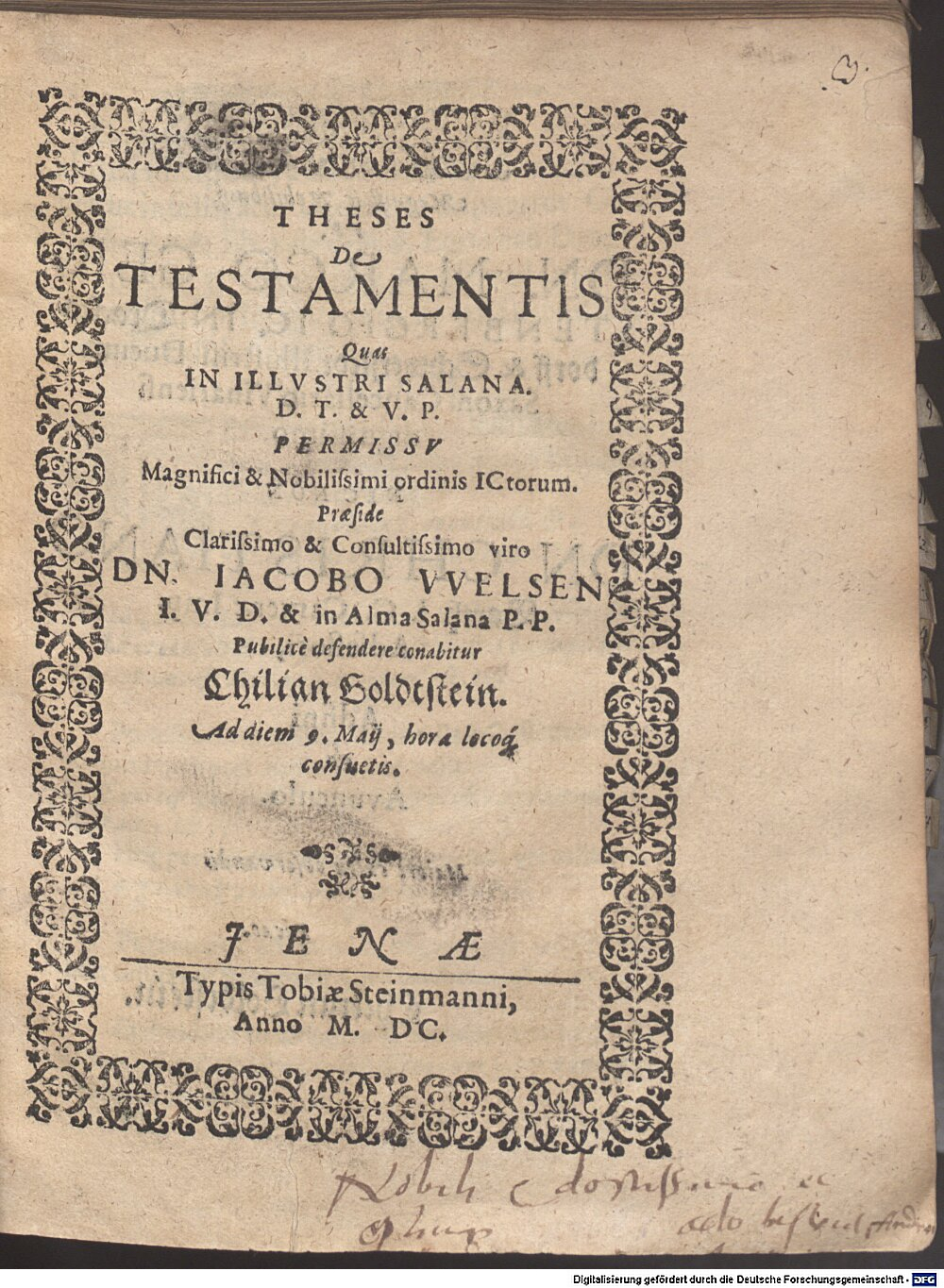 Welsen, Jacob: Theses de testamentis Jena 1600 (4 Diss. 2273#Beibd.3)