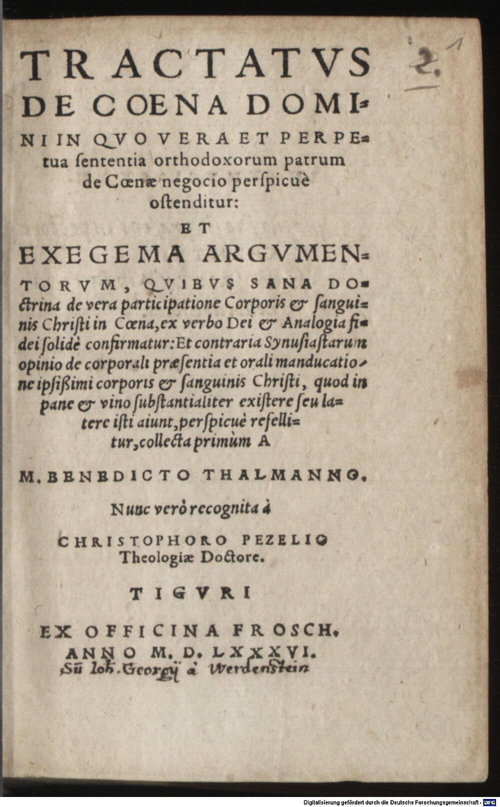 Thalmann, Benedikt: Tractatus de Coena Domini Tiguri 1586 (Polem. 290#Beibd.1)