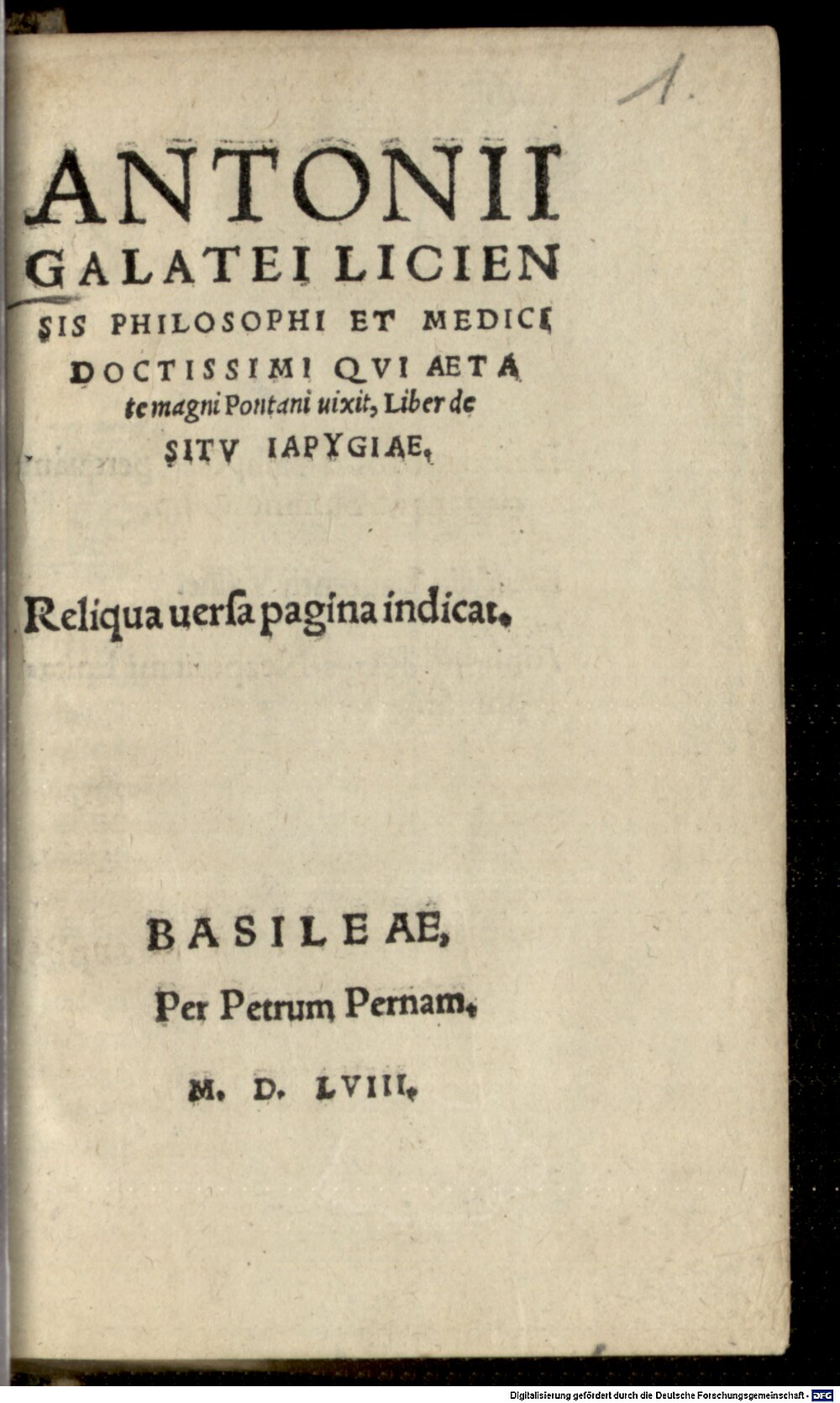 Ferrari, Antonio de: Liber de situ Japygiae Basilea 1558 (A.gr.b. 2368#Beibd.1)