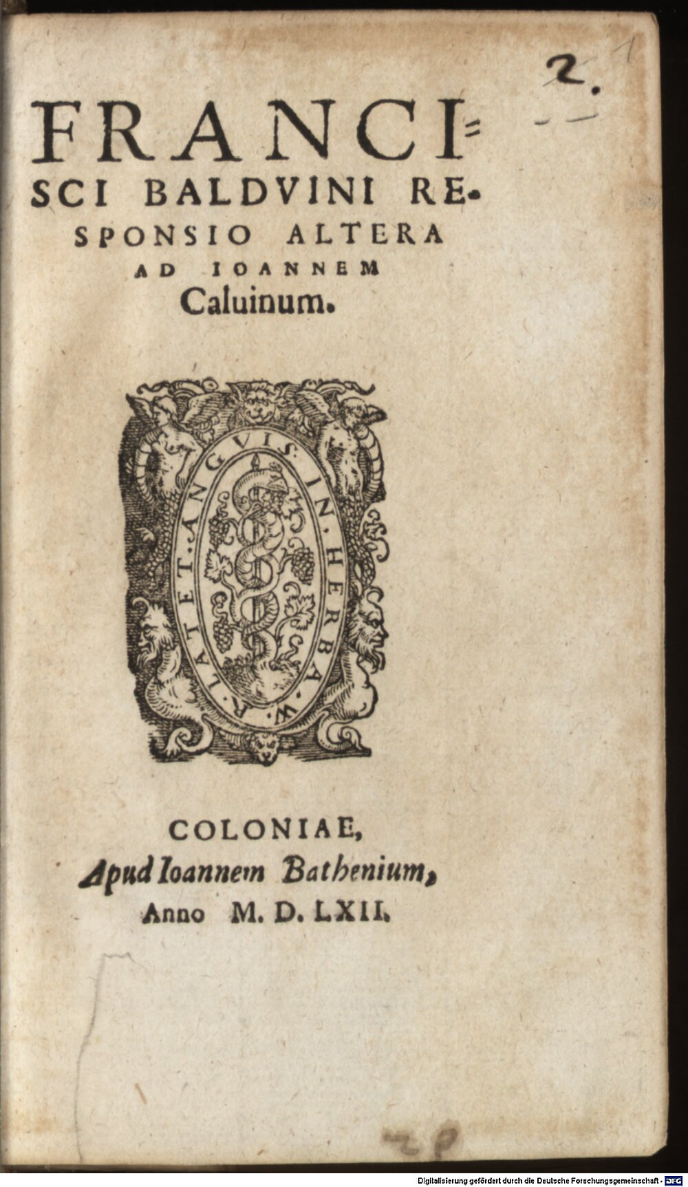 Baudouin, François: Francisci Baldvini Responsio Altera Ad Ioannem Caluinum Coloniae 1562 (Polem. 496#Beibd.1)