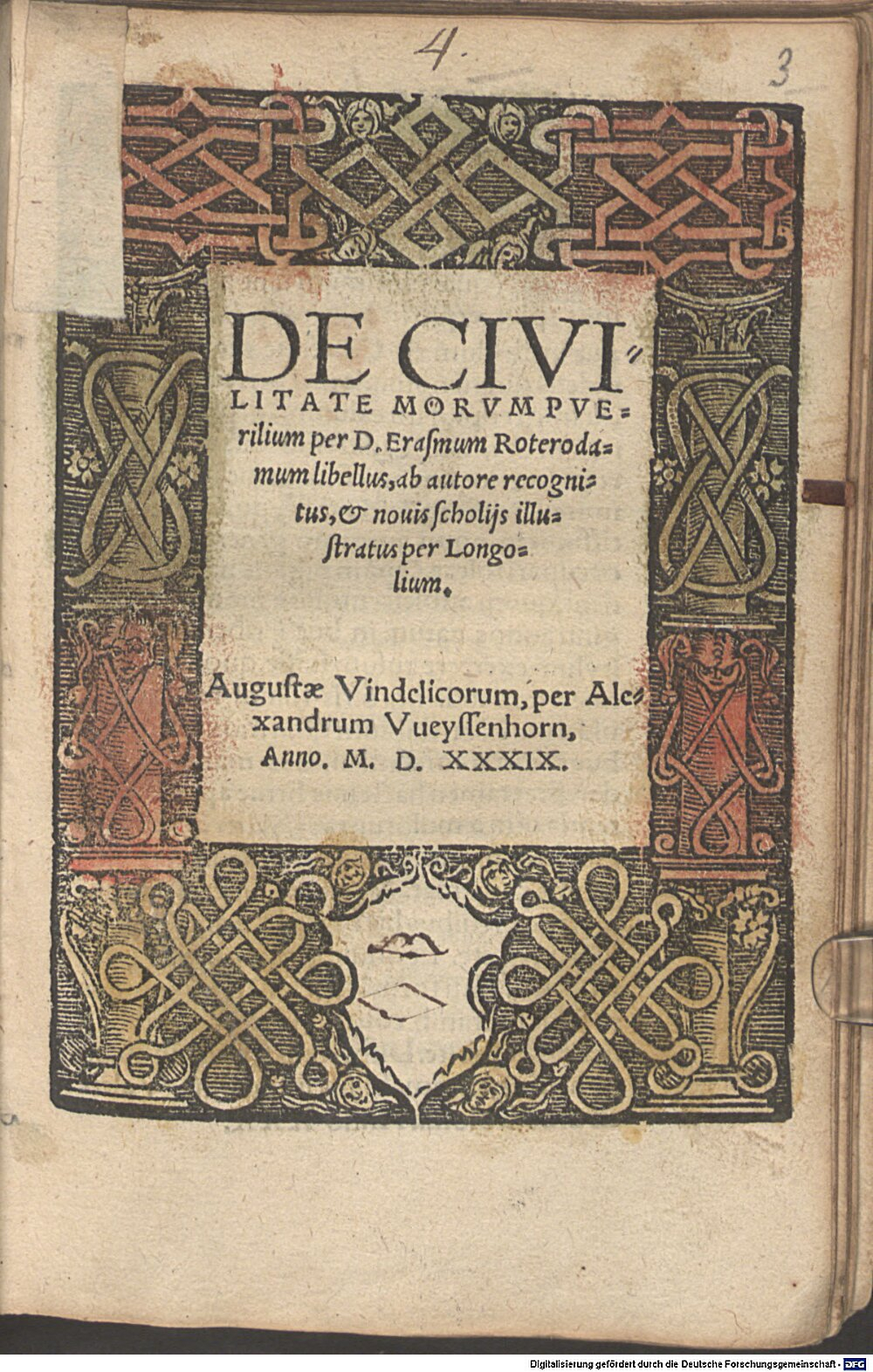 Erasmus, Desiderius: De civilitate morum puerilium Augusta Vindelicorum 1539 (Polem. 883#Beibd.3)