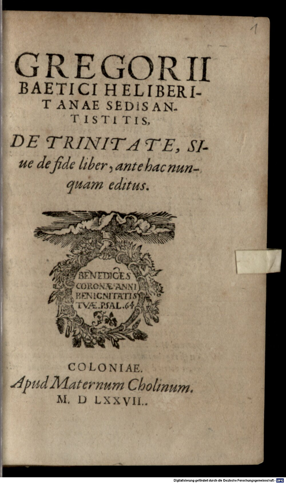 Gregorius <Iliberitanus>: De trinitate Colonia 1577 (Polem. 1211#Beibd.1)