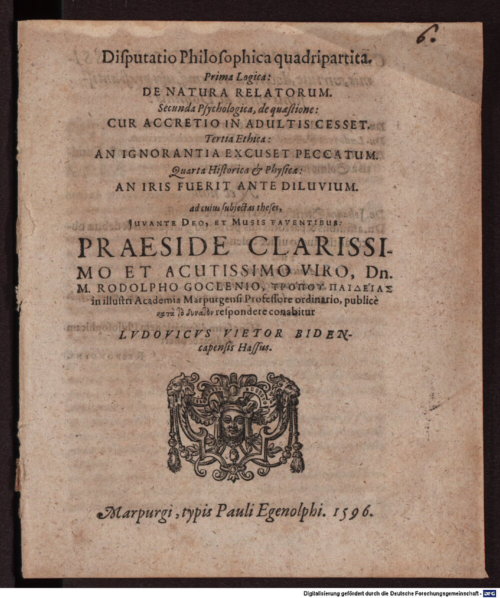 Goclenius, Rudolph: Disputatio Philosophica quadripartita Marpurgi 1596 (Diss. 2242,11)