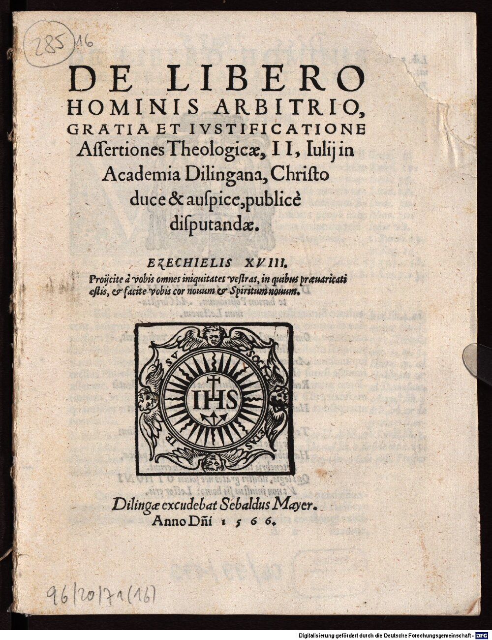 Torres, Jerónimo: De Libero Hominis Arbitrio, Gratia Et Ivstificatione Assertiones Theologicae Dilingae 1566 (Diss. 2243,5)