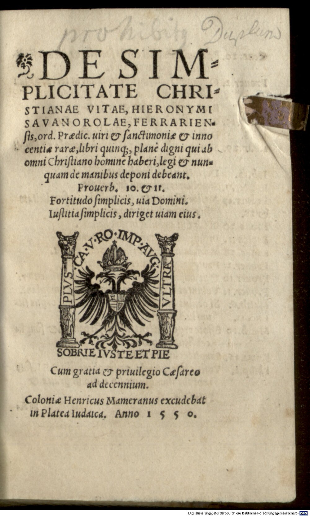 Savonarola, Girolamo: De simplicitate vitae christianae aureus liber Colonia 1550 (Hom. 1108#Beibd.1)