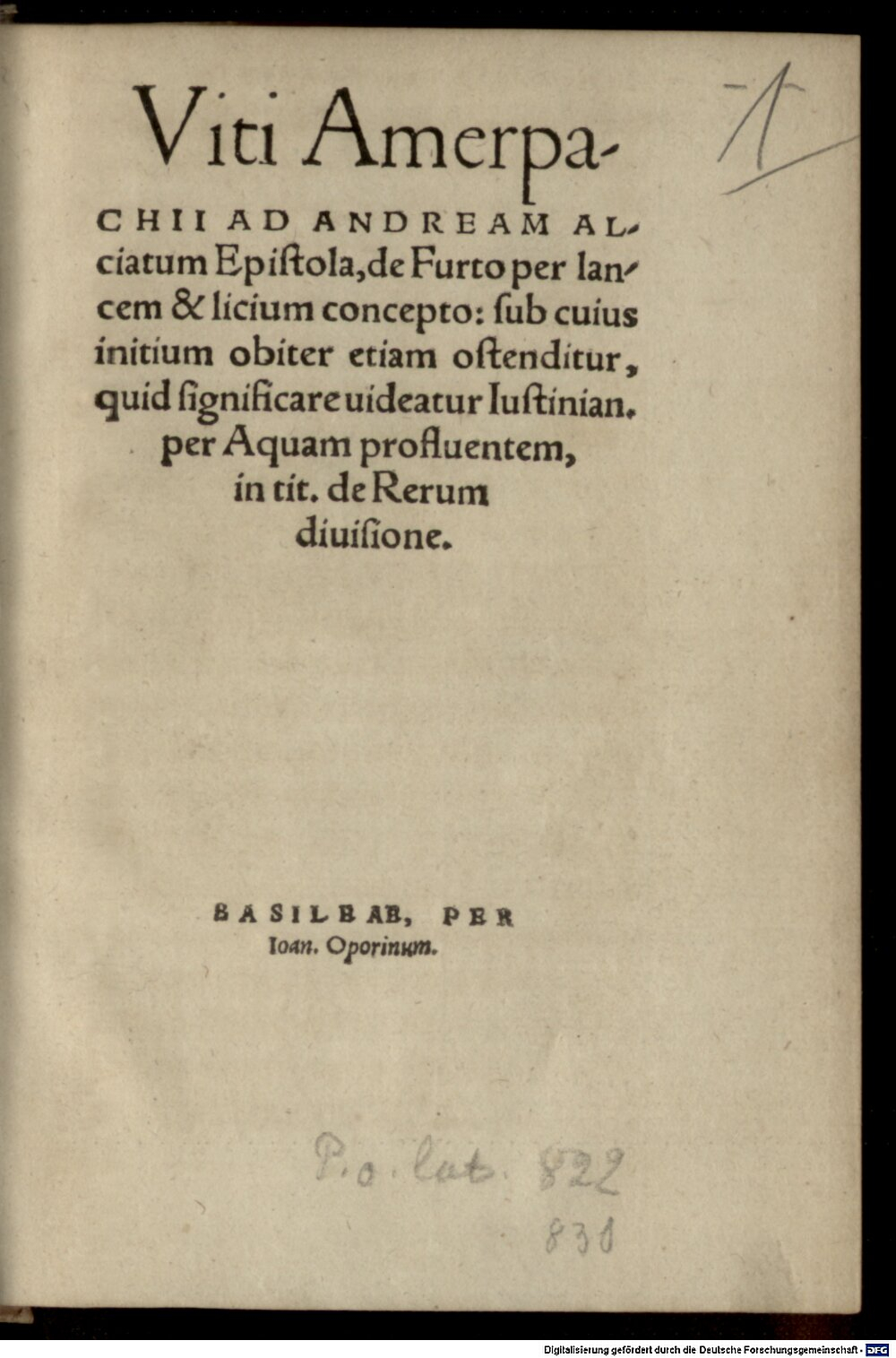 Amerbach, Veit: Ad Andream Alciatum epistola de furto per lanceam et licium concepto Basileae 1549 (J.rom.m. 18#Beibd.1)