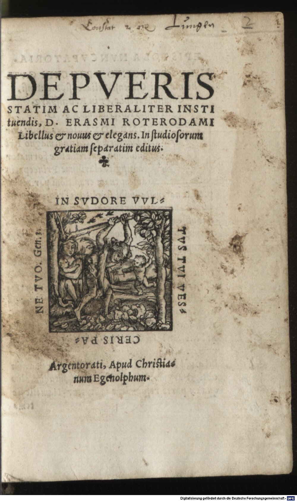Erasmus, Desiderius: De pueris statim ac liberaliter instituendis lib. Argentorati 1529 (L.lat. 383#Beibd.2)