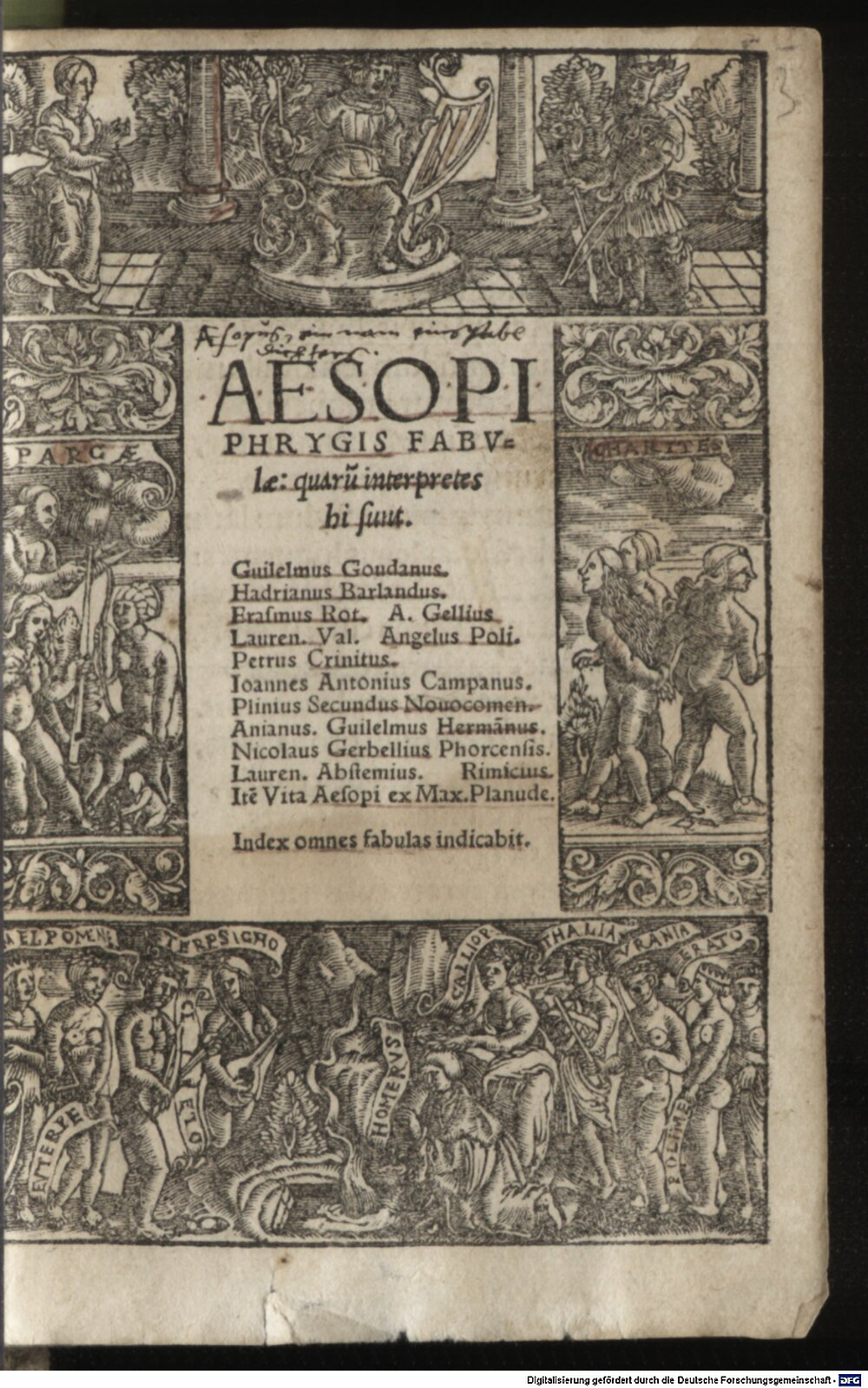 Aesopus: Fabularum que hoc libro continentur, interpretes atque authores sunt hi: Guil. Goudanus, H. Barlandus ... et Nic. Gerbellius Phorc. Norenberga 1528 (L.lat. 383#Beibd.3)