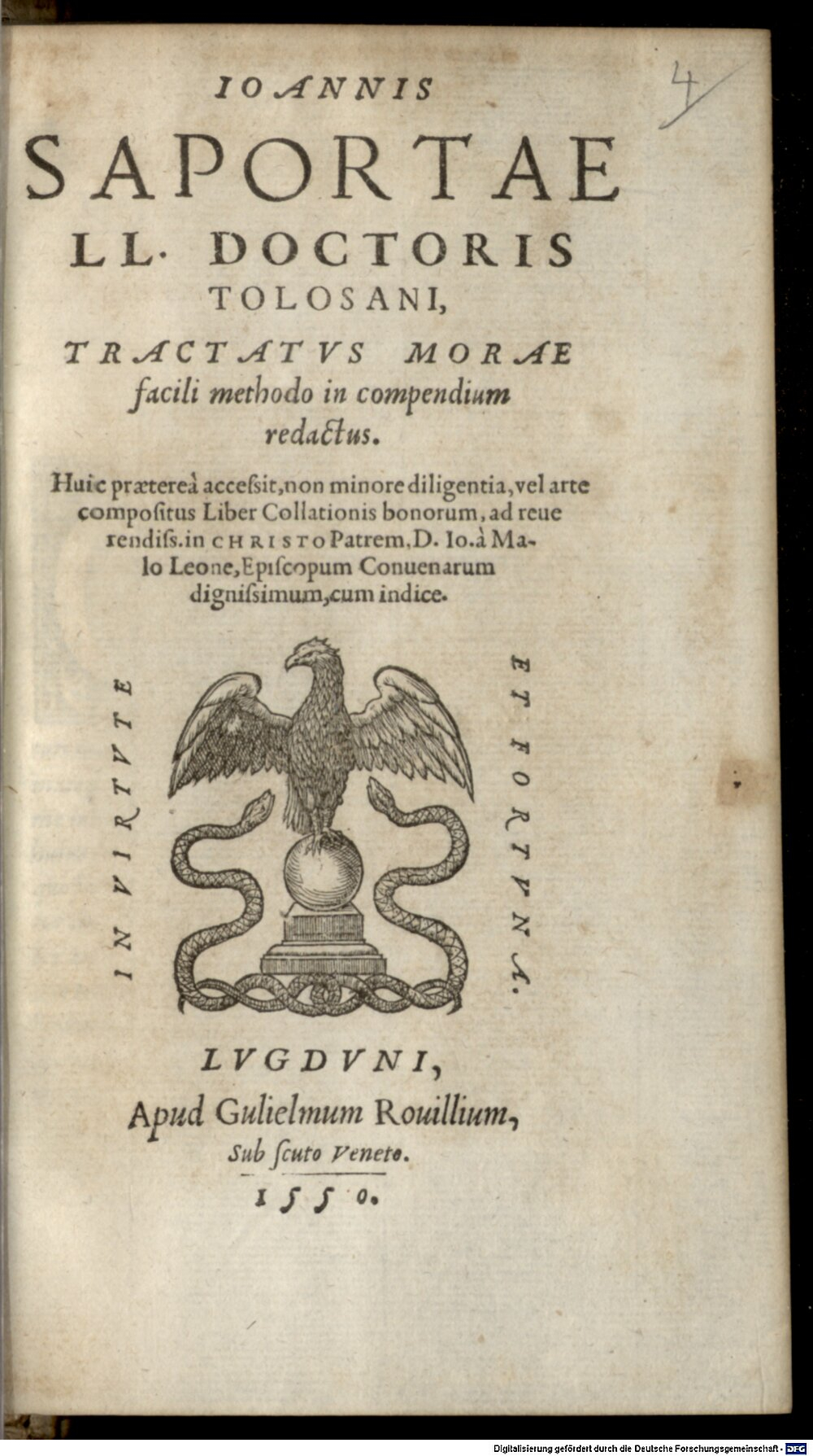 Saporta, Johannes: Ioannis Saportae Tractatus morae Lugduni 1550 (J.rom.m. 121#Beibd.4)