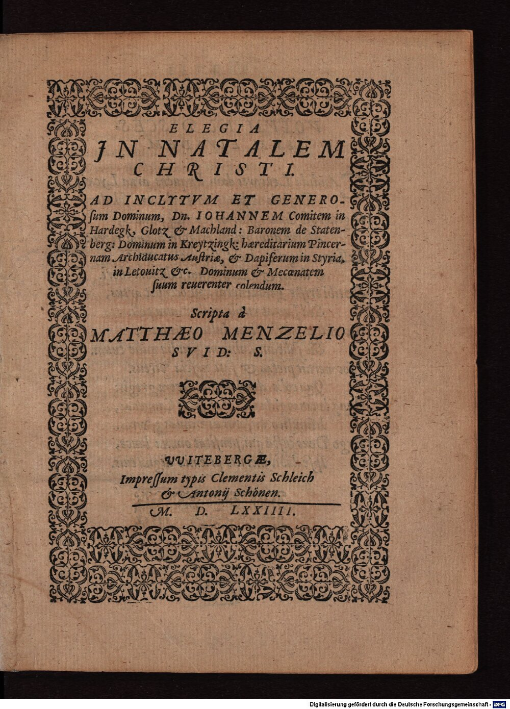 Menzel, Matthaeus: Elegia In Natalem Christi Witebergae 1574 (P.o.lat. 1681 y)
