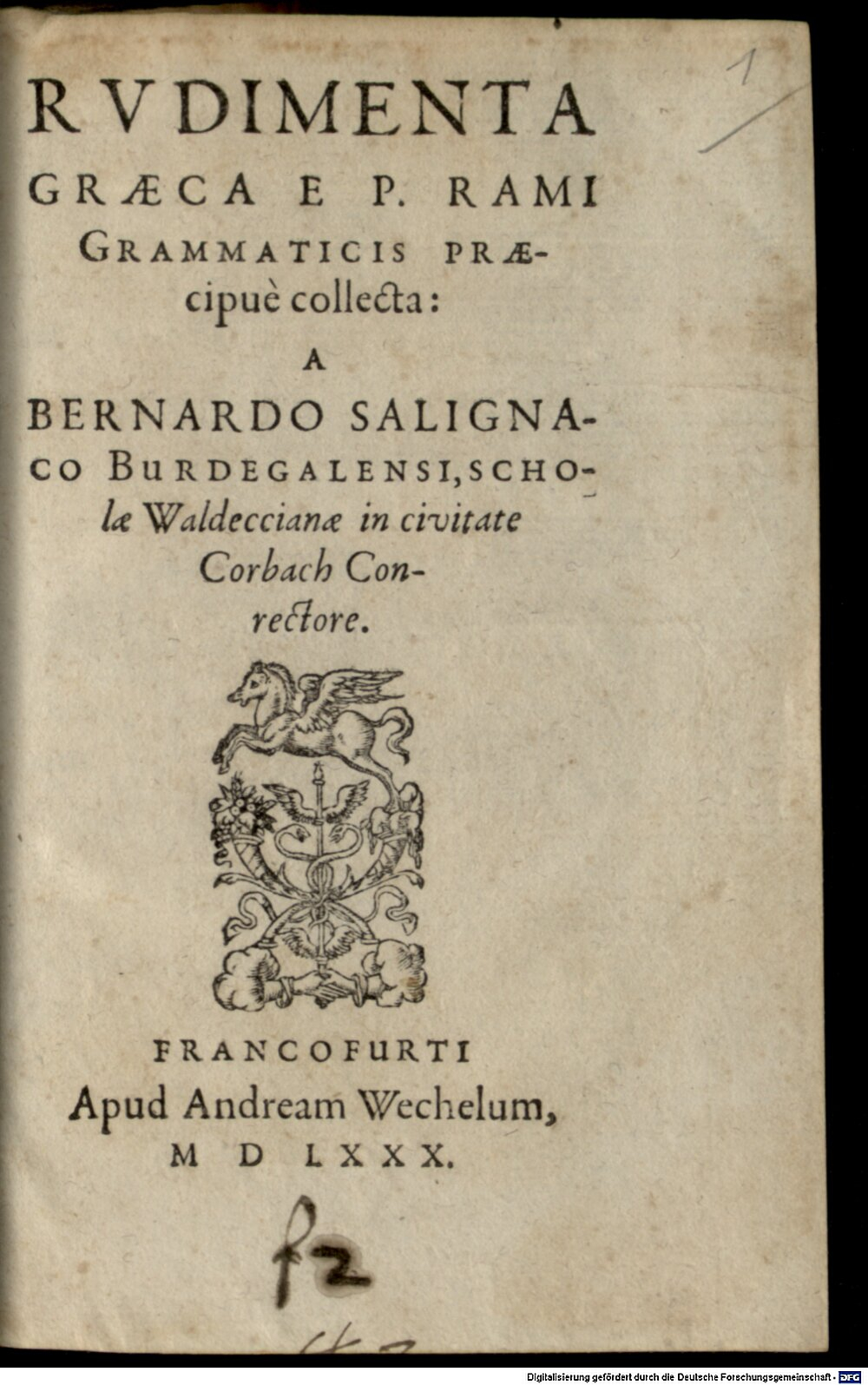 Ramus, Petrus: Rudimenta graeca Francofurti 1580 (L.gr. 294#Beibd.1)