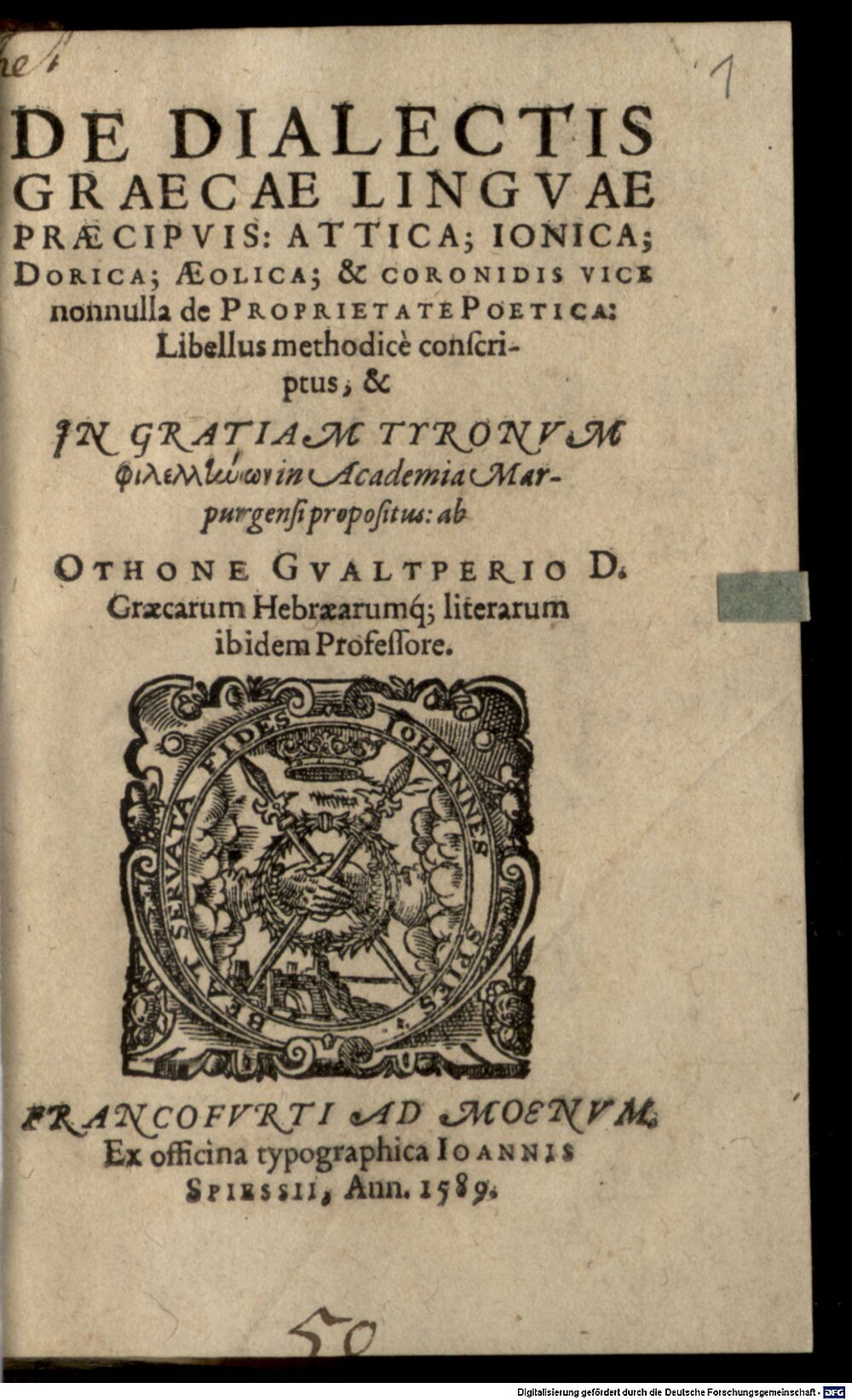 Gualtperius, Otho: De dialectis graecae linguae Francofurtum 1589 (L.gr. 2#Beibd.1)