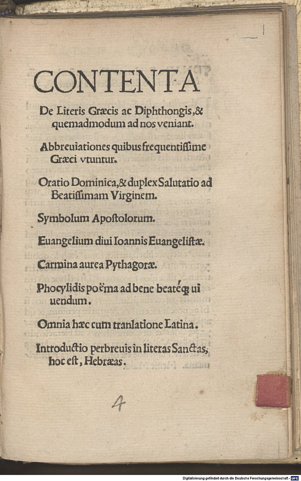 Manuzio, Aldo Pio: Contenta De Literis Graecis ac Diphthongis, & quemadmodum ad nos veniant Haganoae 1519 (L.gr. 195 x#Beibd.1)