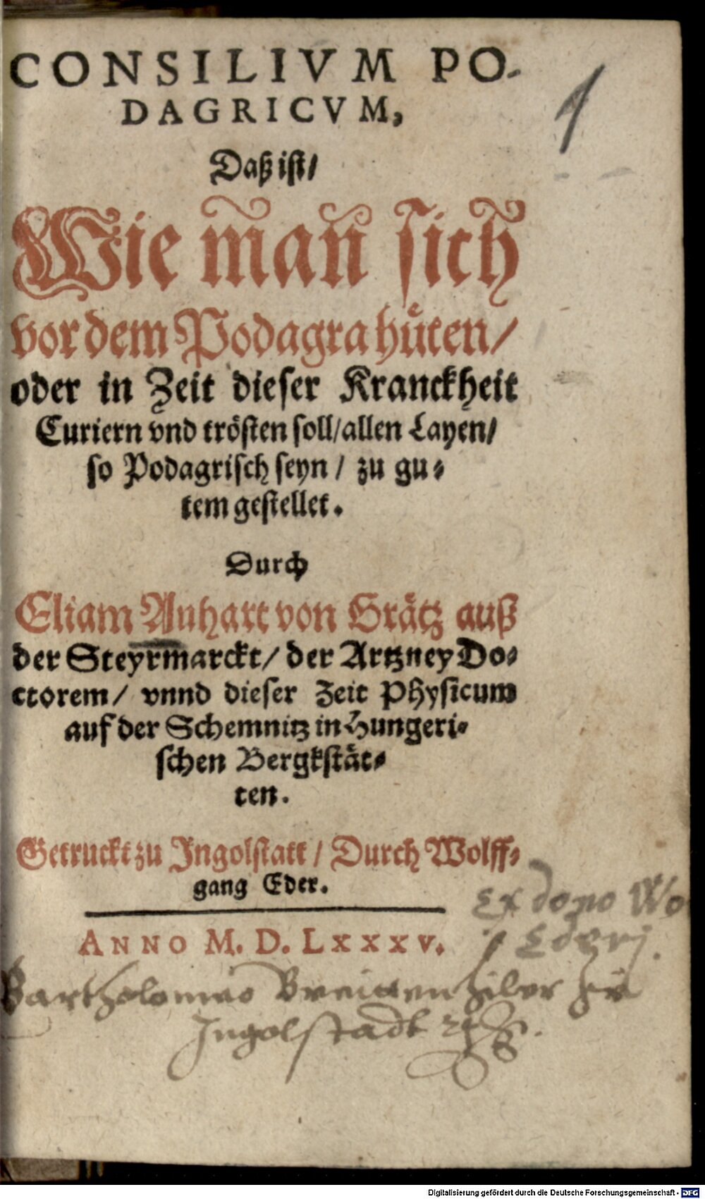 Anhart, Elias: Consilium podagricum Ingolstadt 1585 (Path. 159#Beibd.1)